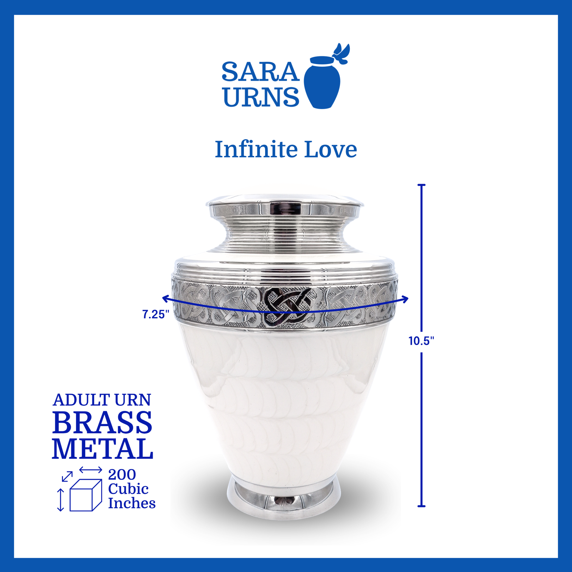 A white polished brass metal urn with silver hand-etched knot details that is specified as 7.25 inches in diameter, 10.5 inches tall and is 200 cubic inches.