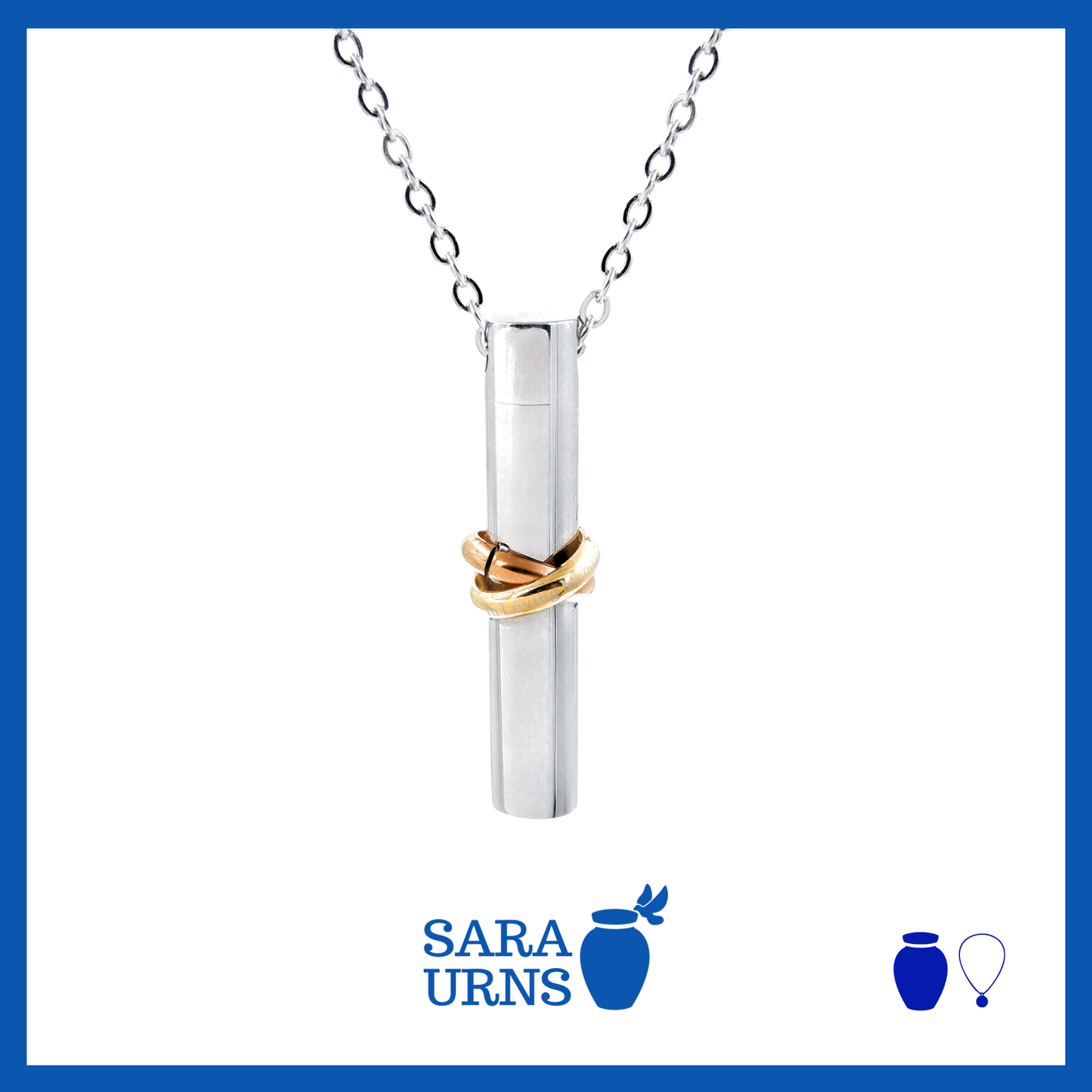 A presentation of an ash necklace with a silver, cylinder-shaped pendant with an infinity wrapped around over a white background.