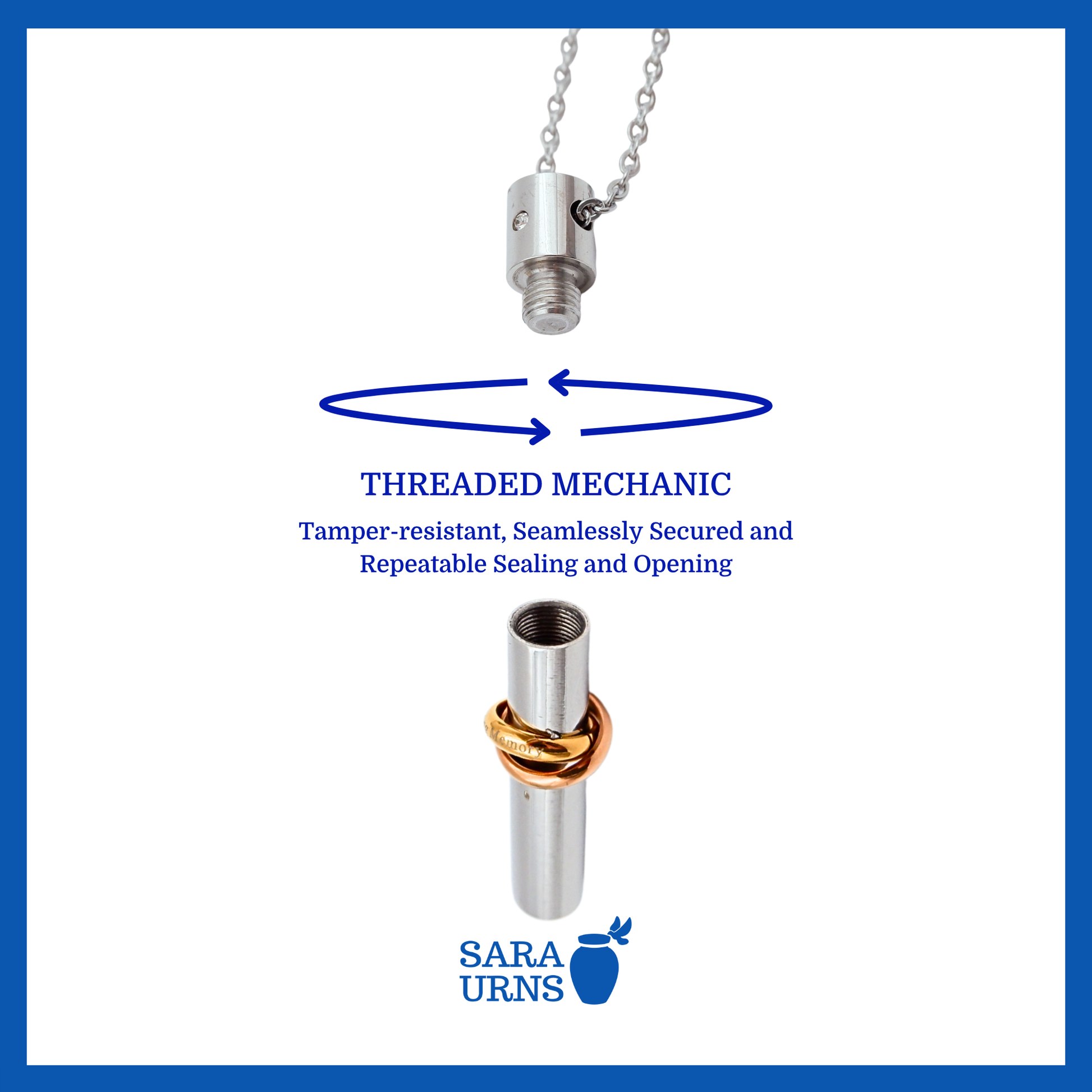 A presentation of a stainless steel ash necklace’s threaded lid which highlights its safety and security.