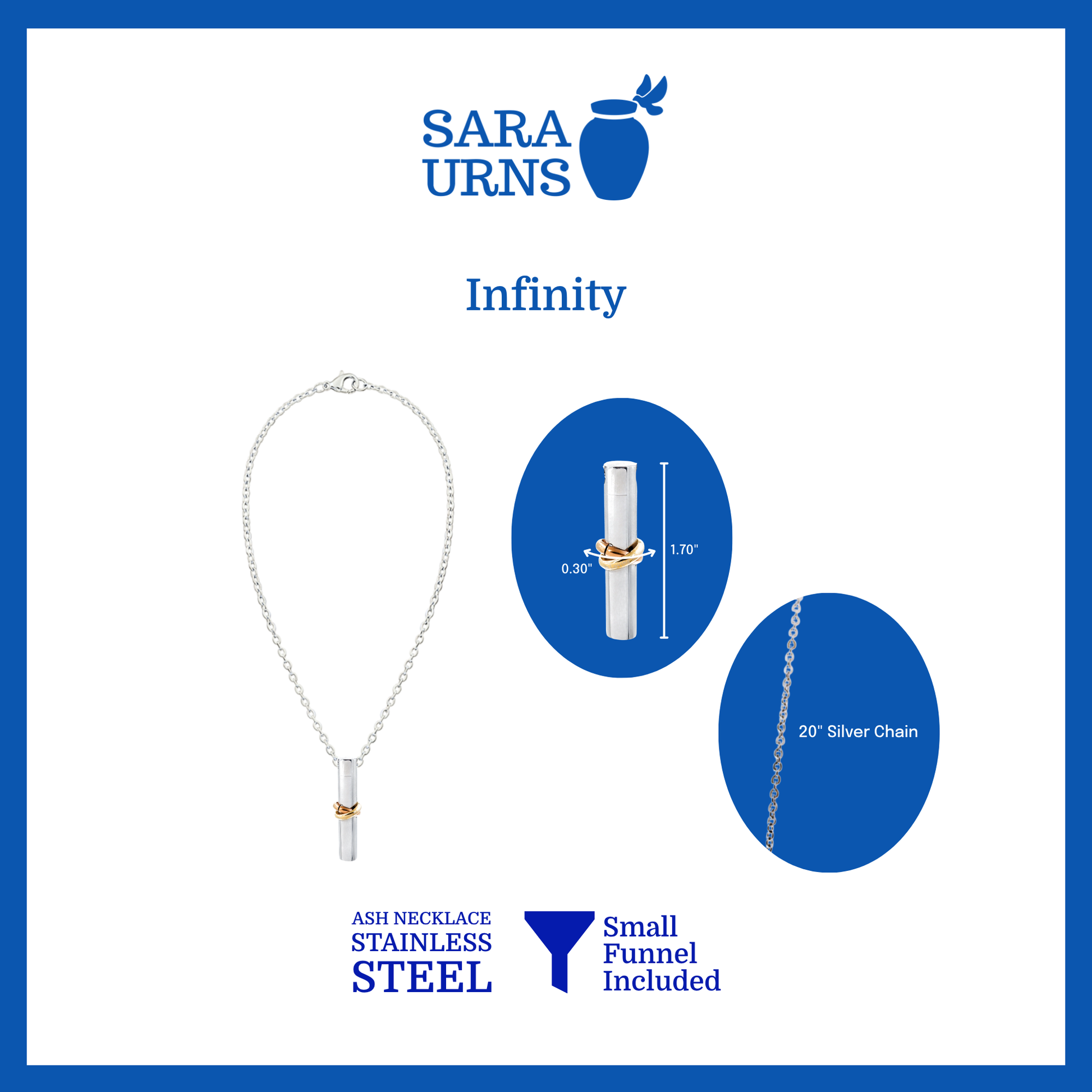 A presentation of an ash necklace’s cylinder and infinity design pendant that is specified as 0.30 inches in width and 1.70 inches in height with a 20-inch chain.
