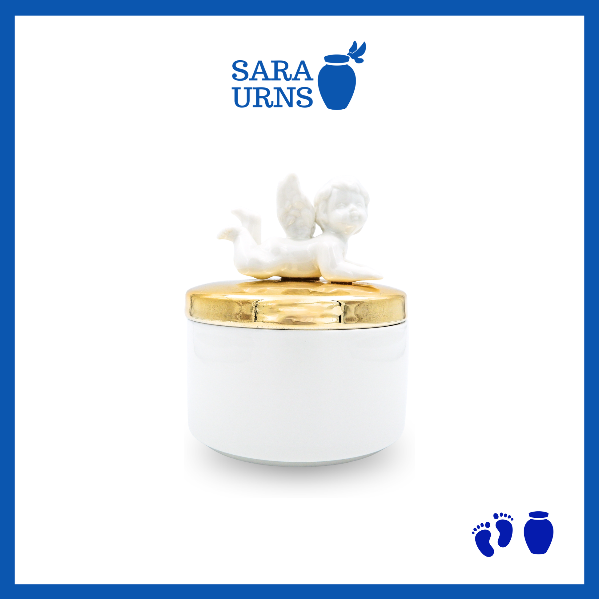 A white polished ceramic baby urn with a gold lid and cherub design over a white background.