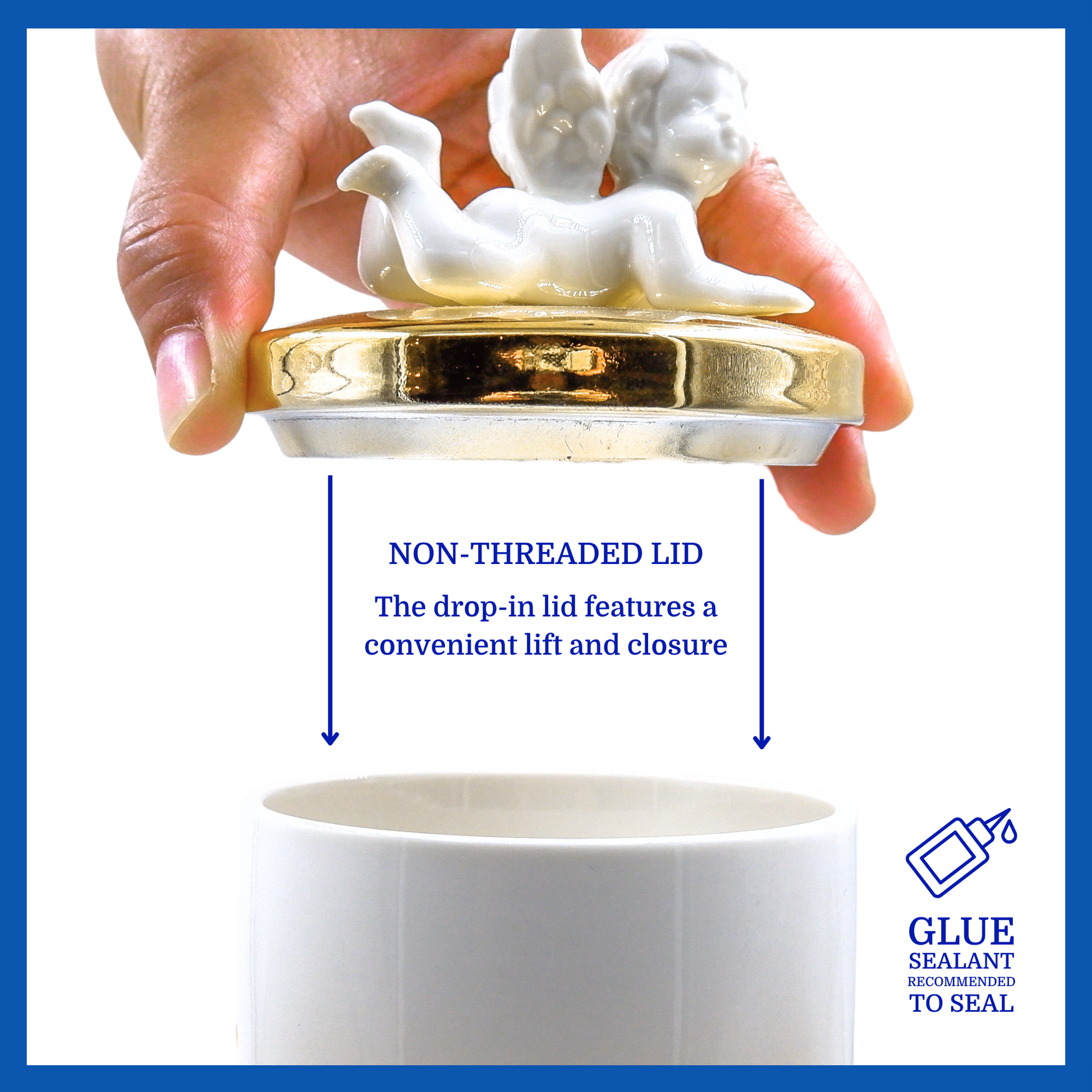 A presentation of a white polished ceramic baby urn’s non-threaded lid which highlights its accessibility.