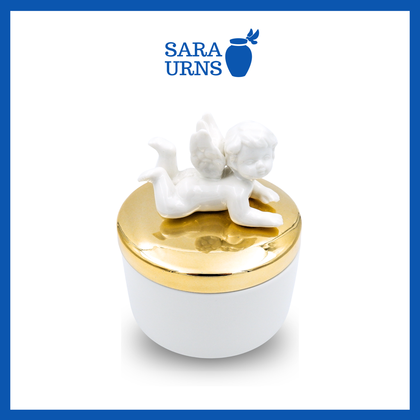 A higher angle of a white polished ceramic baby urn with a gold lid and cherub that lays on top over a white background.