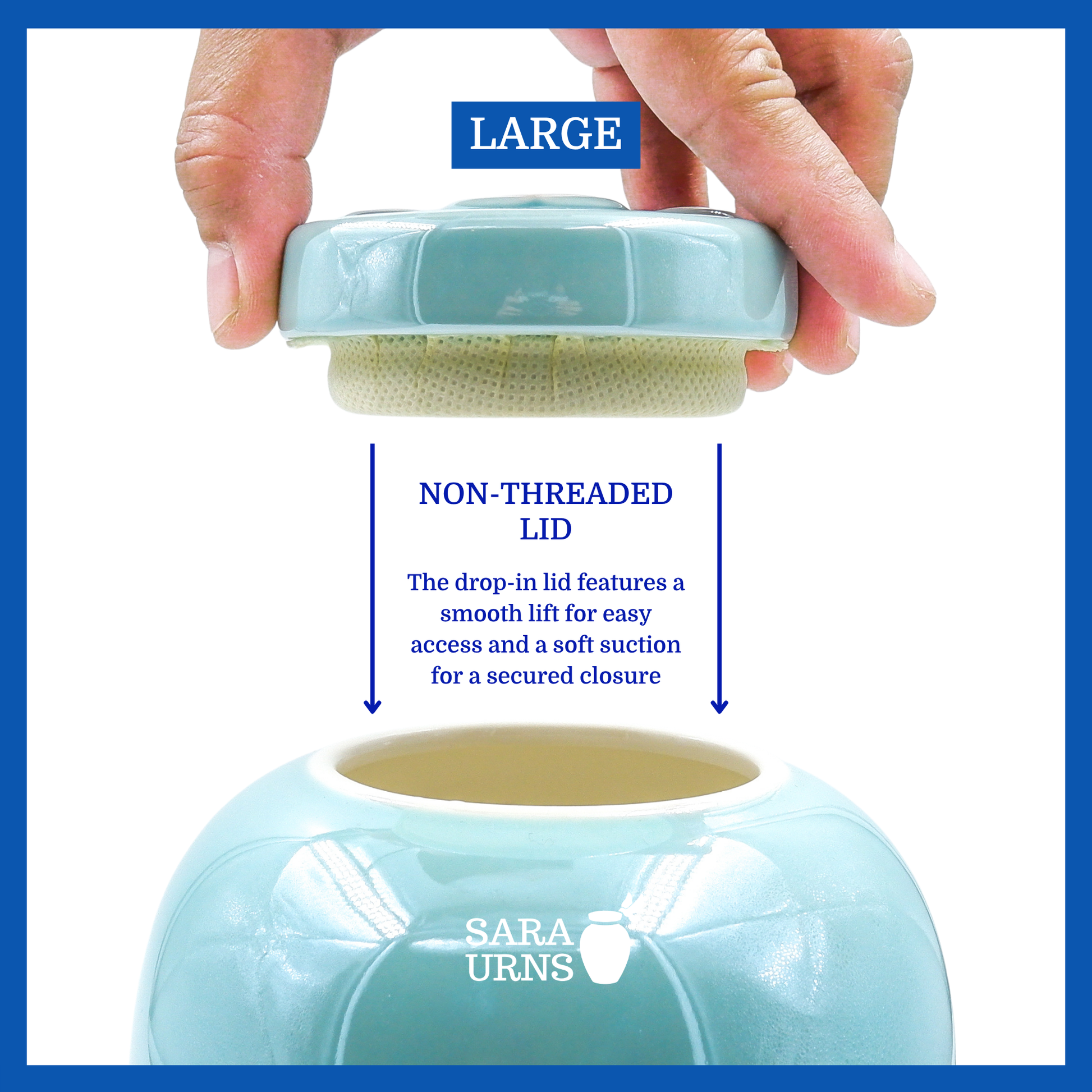 A presentation of a large, blue pearly ceramic pet urn’s non-threaded lid which highlights its accessibility.