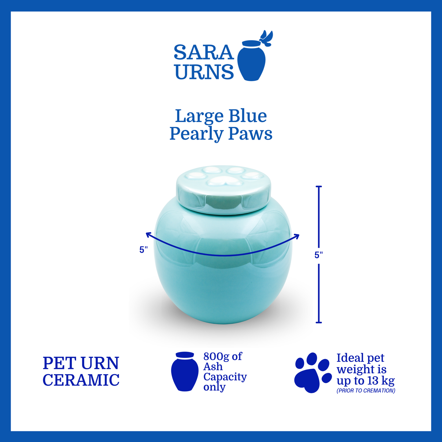 A blue ceramic pet urn that is specified as 5 inches in width and 5  inches tall with an ash capacity of 800 grams.