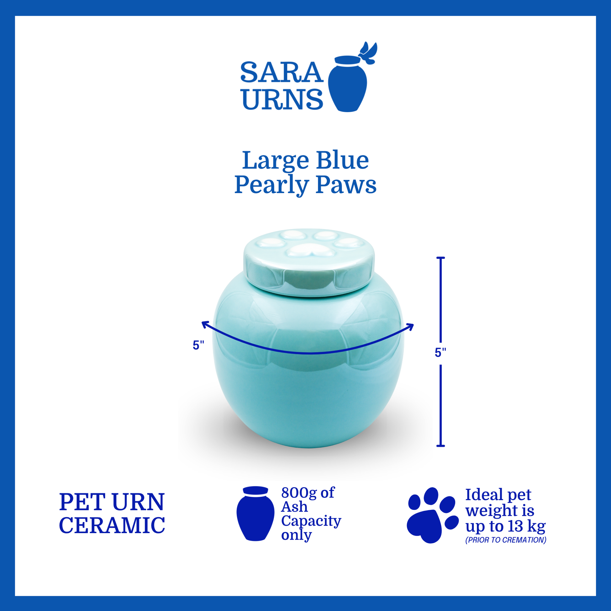 A blue ceramic pet urn that is specified as 5 inches in width and 5  inches tall with an ash capacity of 800 grams.