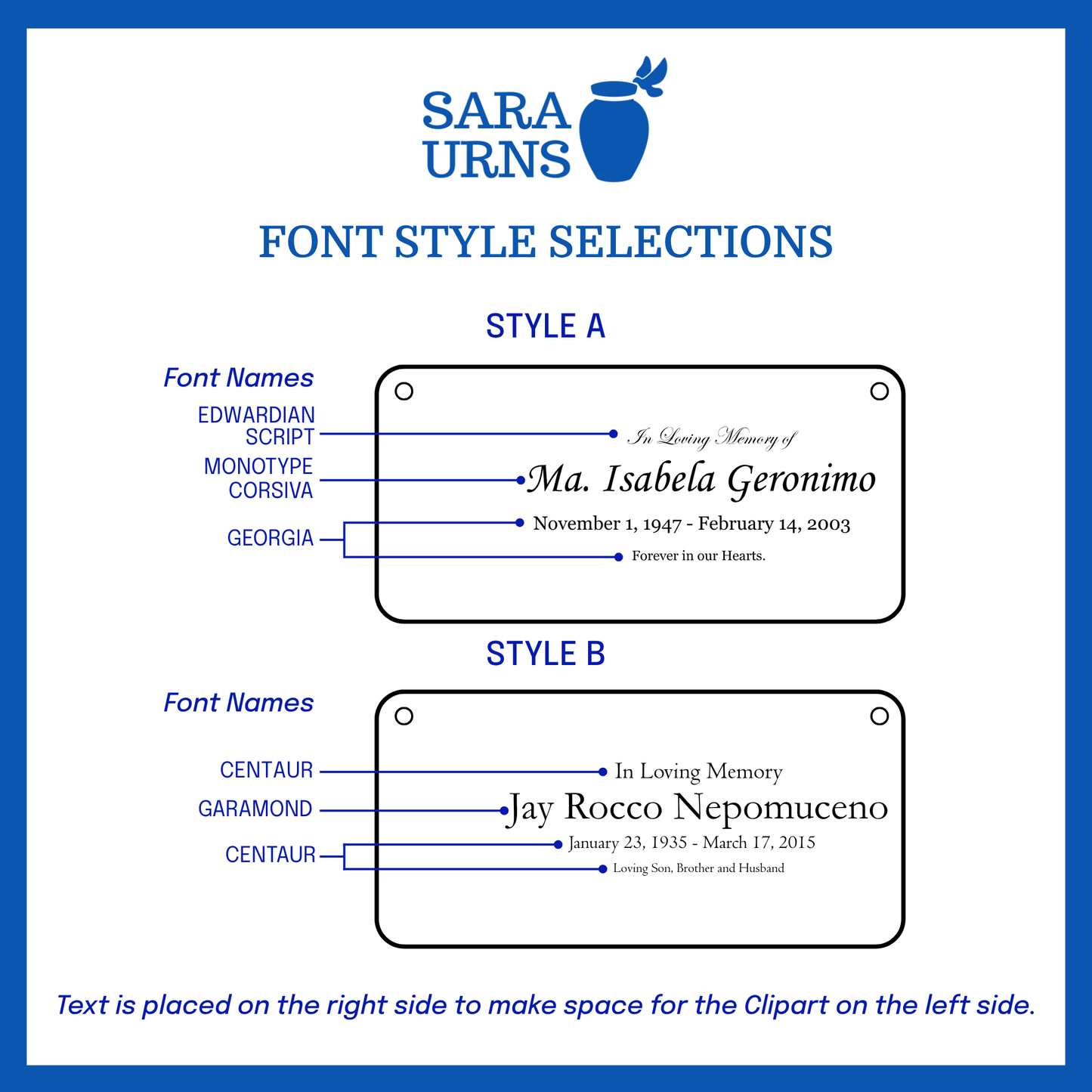 A selection of font styles in Style A and Style B for the large urn nameplate.