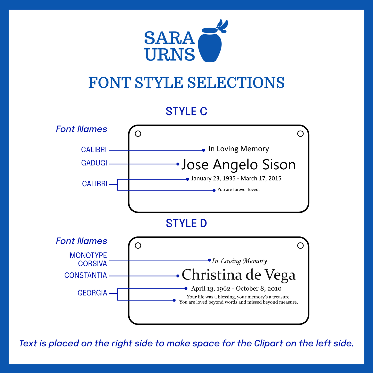 A selection of font styles in Style C and Style D for the large urn nameplate.