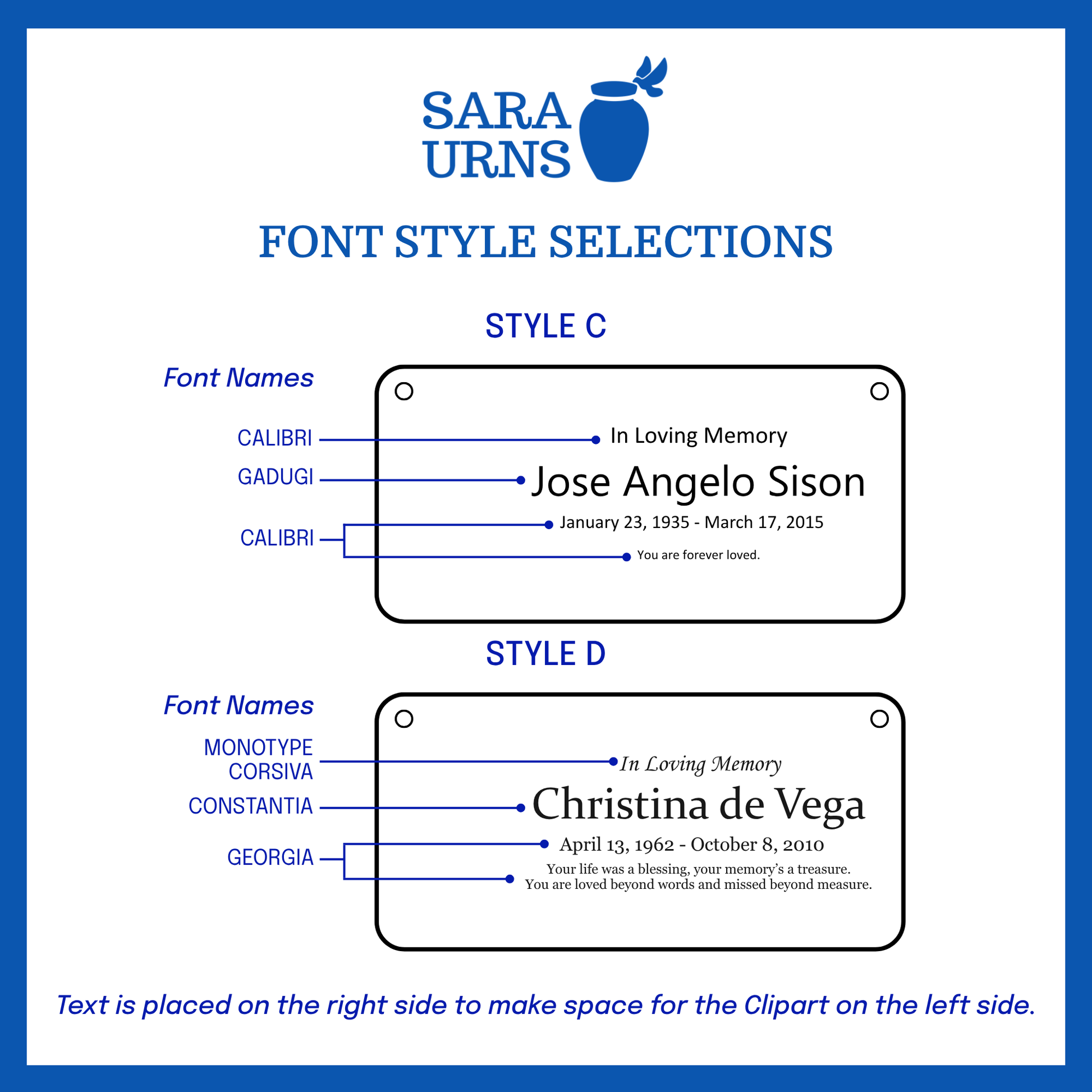 A selection of font styles in Style C and Style D for the large urn nameplate.