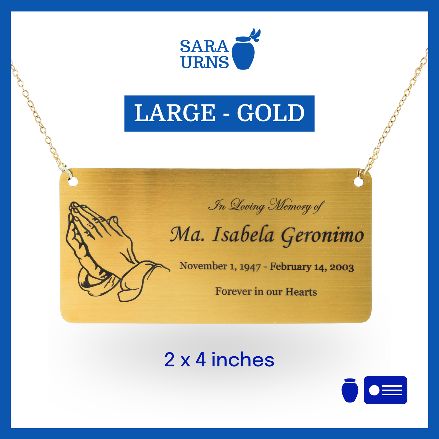 A gold large urn nameplate that is showcased against a white background.