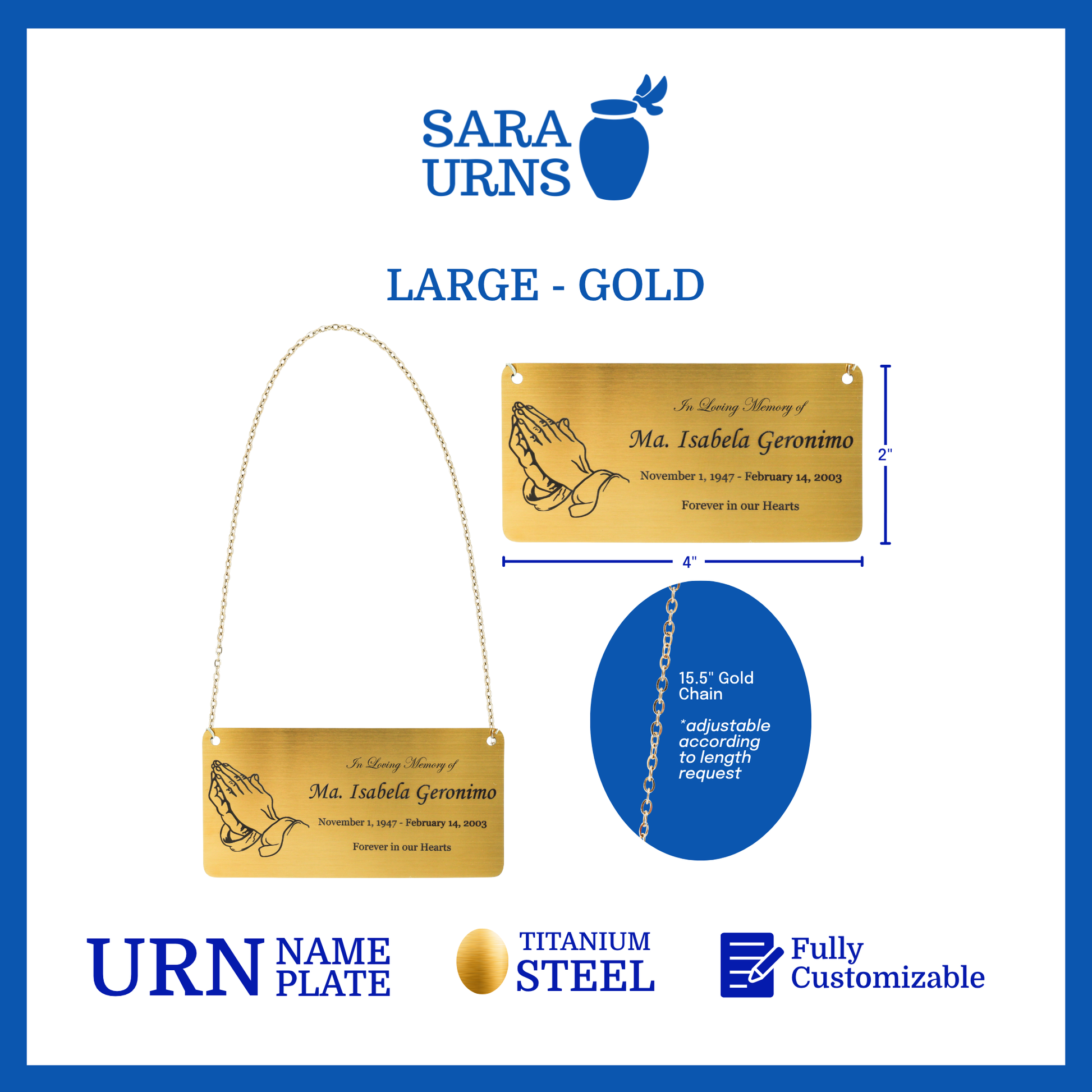 A gold large urn nameplate that is specified as 4 inches in width and 2 inches tall with a chain of 15.5 inches in length.