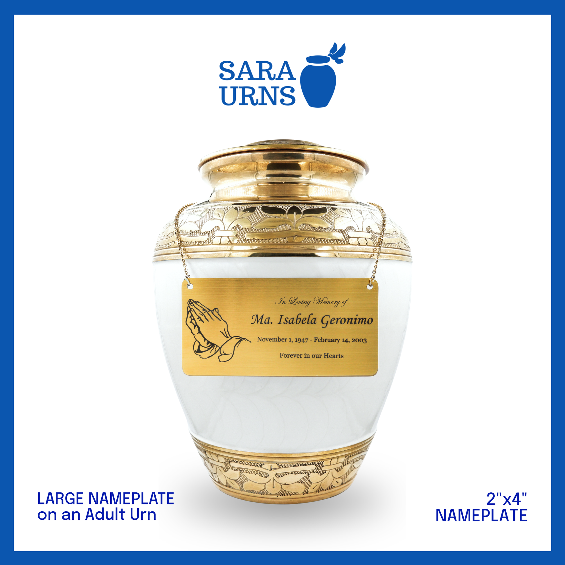 A gold large urn nameplate placed in a standard urn that is showcased against a white background.