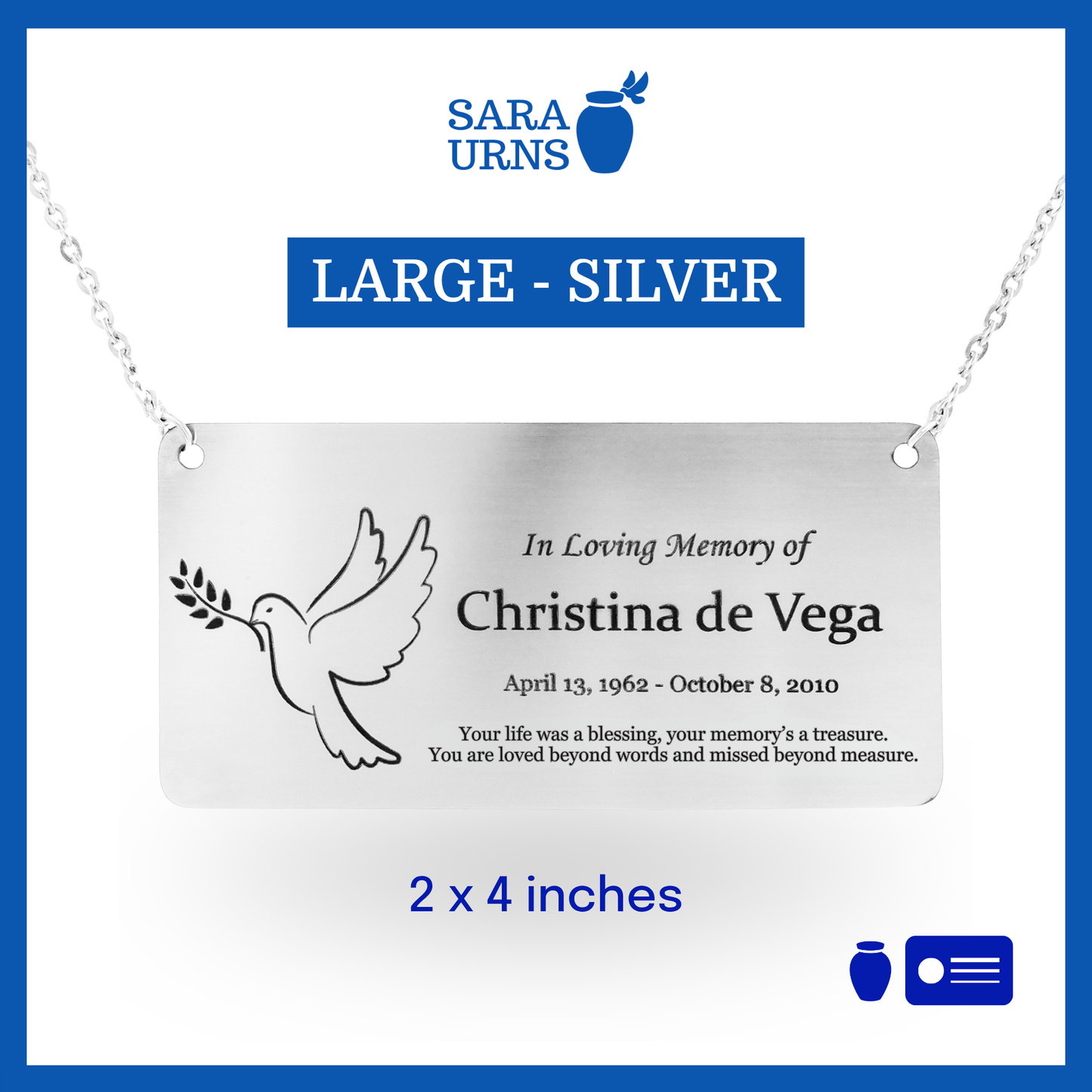 A silver large urn nameplate that is showcased against a white background.