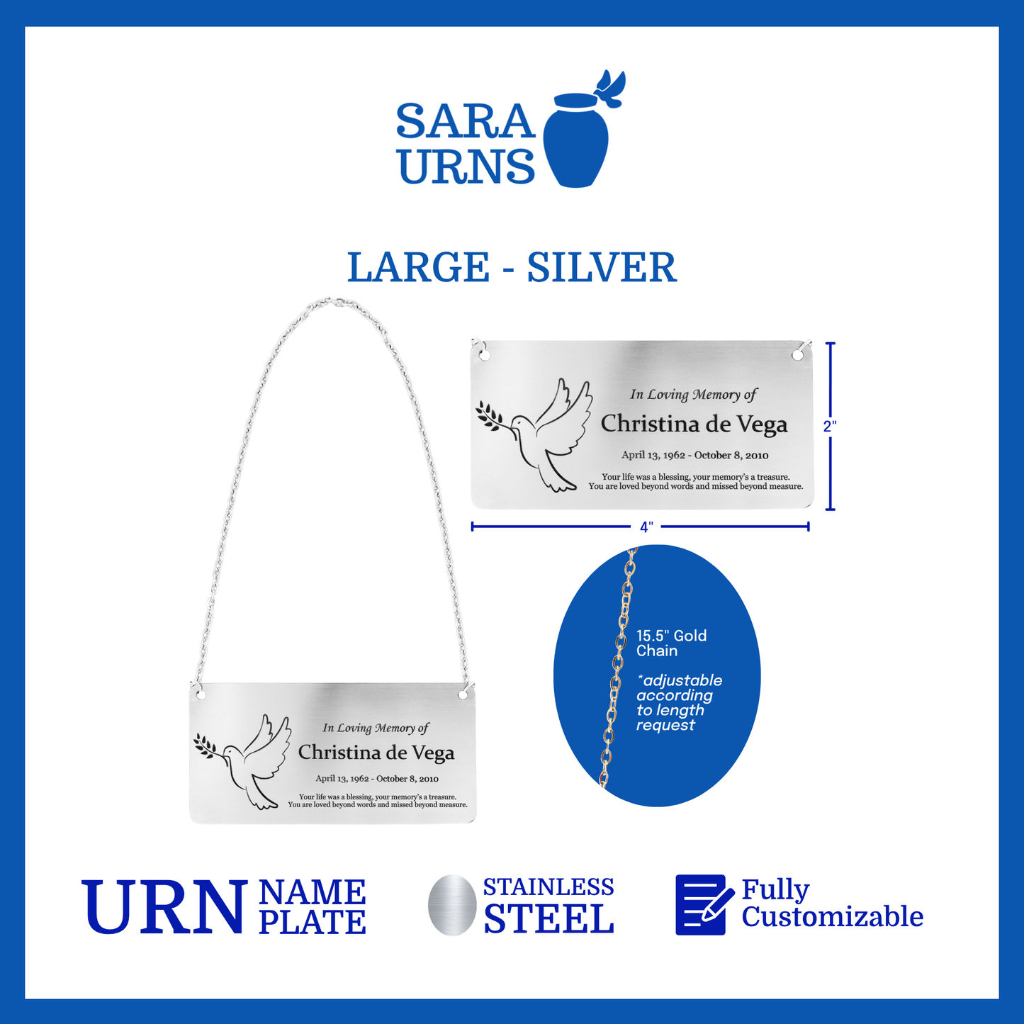 A silver large urn nameplate that is specified as 4 inches in width and 2 inches tall with a chain of 15.5 inches in length.
