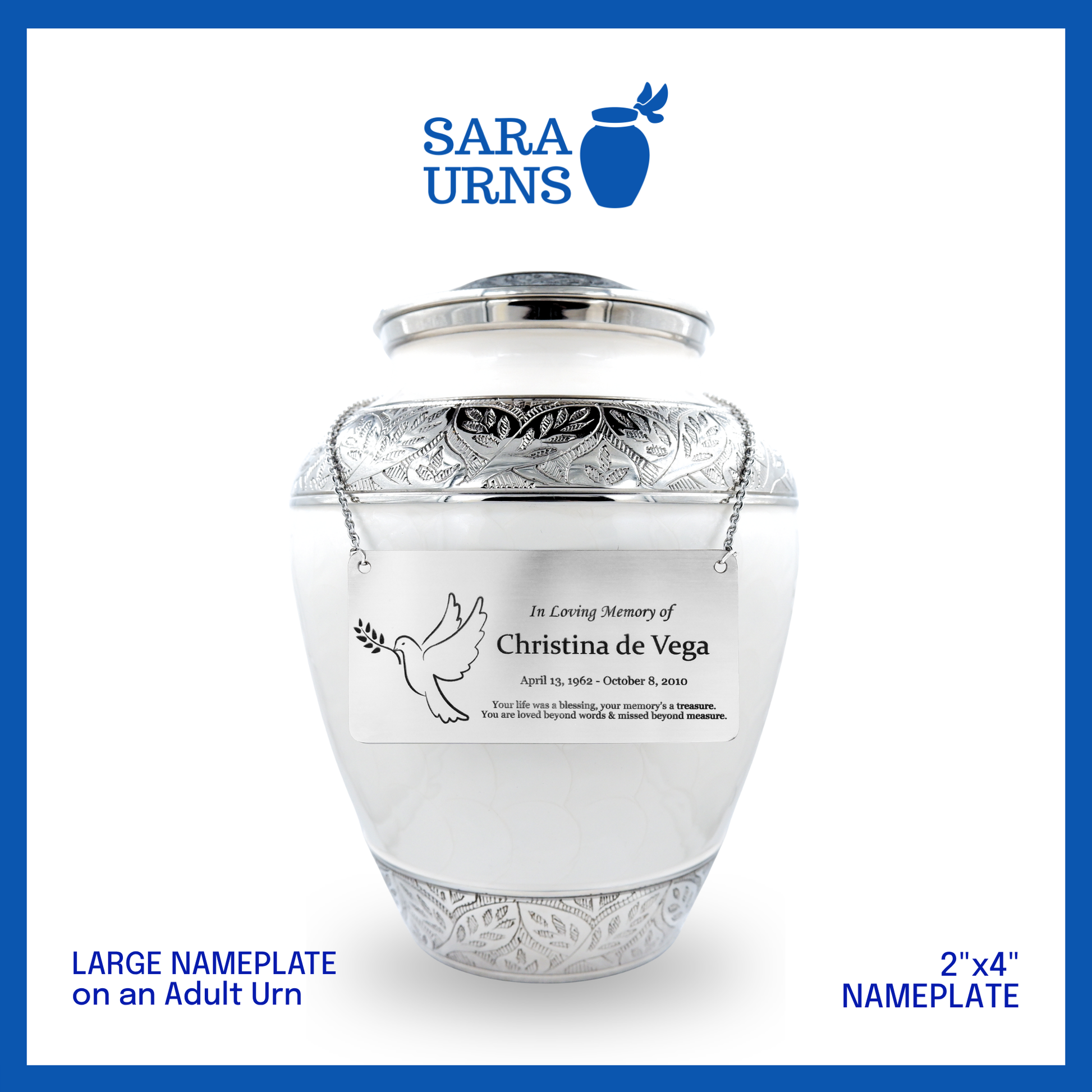 A silver large urn nameplate placed in a standard urn that is showcased against a white background.