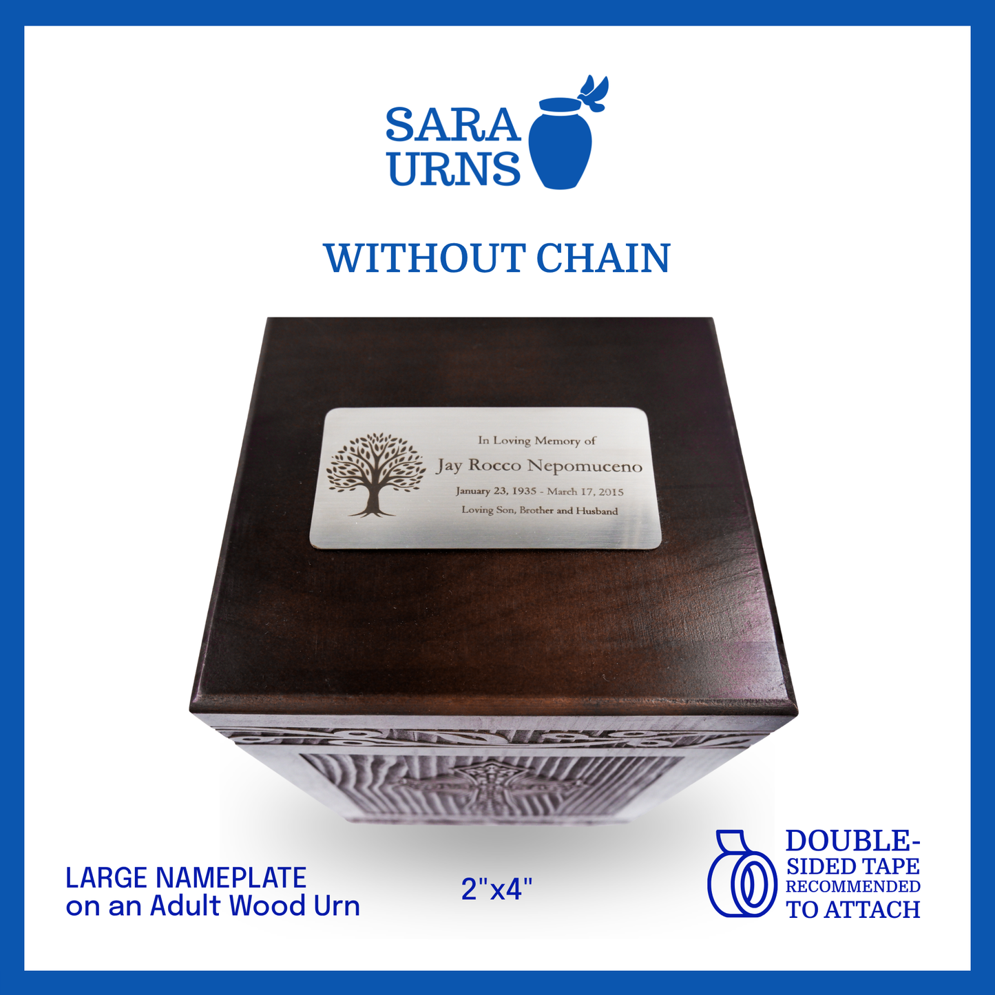 A presentation of a large urn nameplate without a chain placed on top of a wood urn.