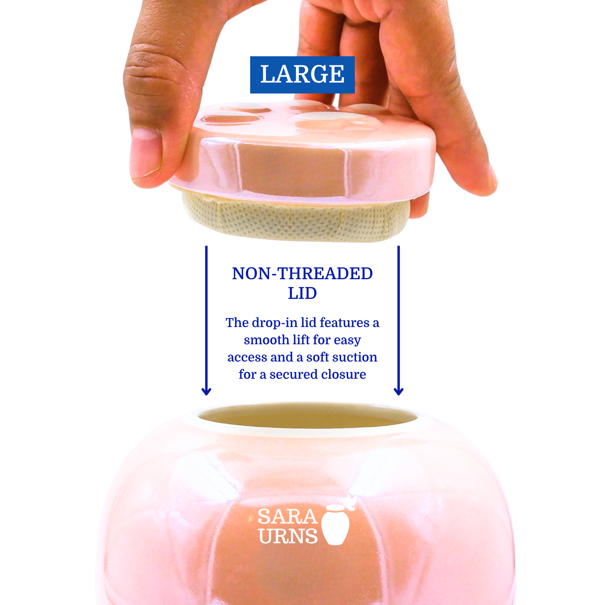 A presentation of a large, pink pearly ceramic pet urn’s non-threaded lid which highlights its accessibility.