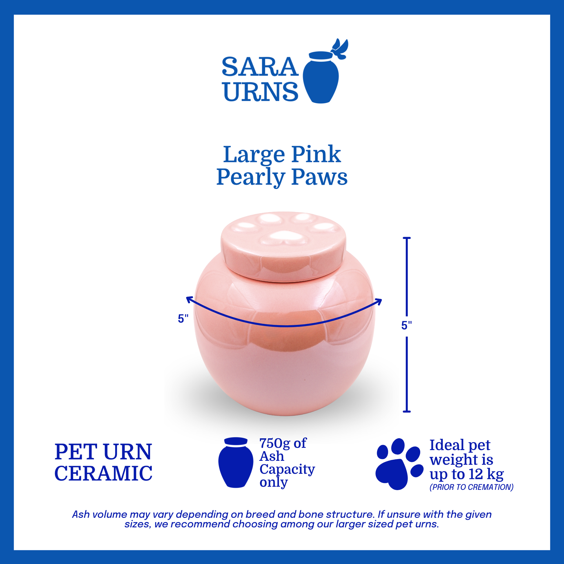 A large, pink ceramic pet urn that is specified as 5 inches in width and 5  inches tall with an ash capacity of 750 grams.