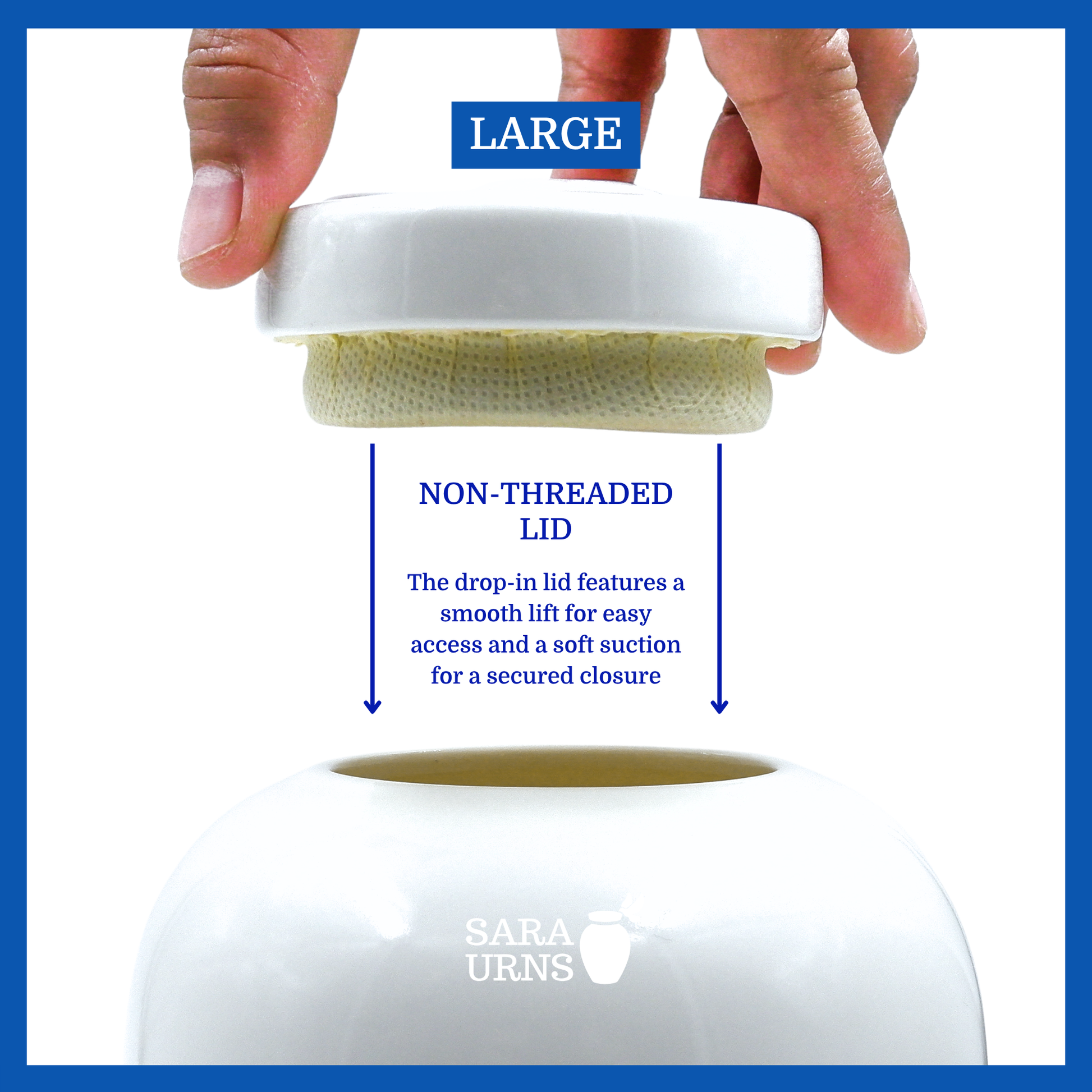 A presentation of a large, white polished ceramic pet urn’s non-threaded lid which highlights its accessibility.