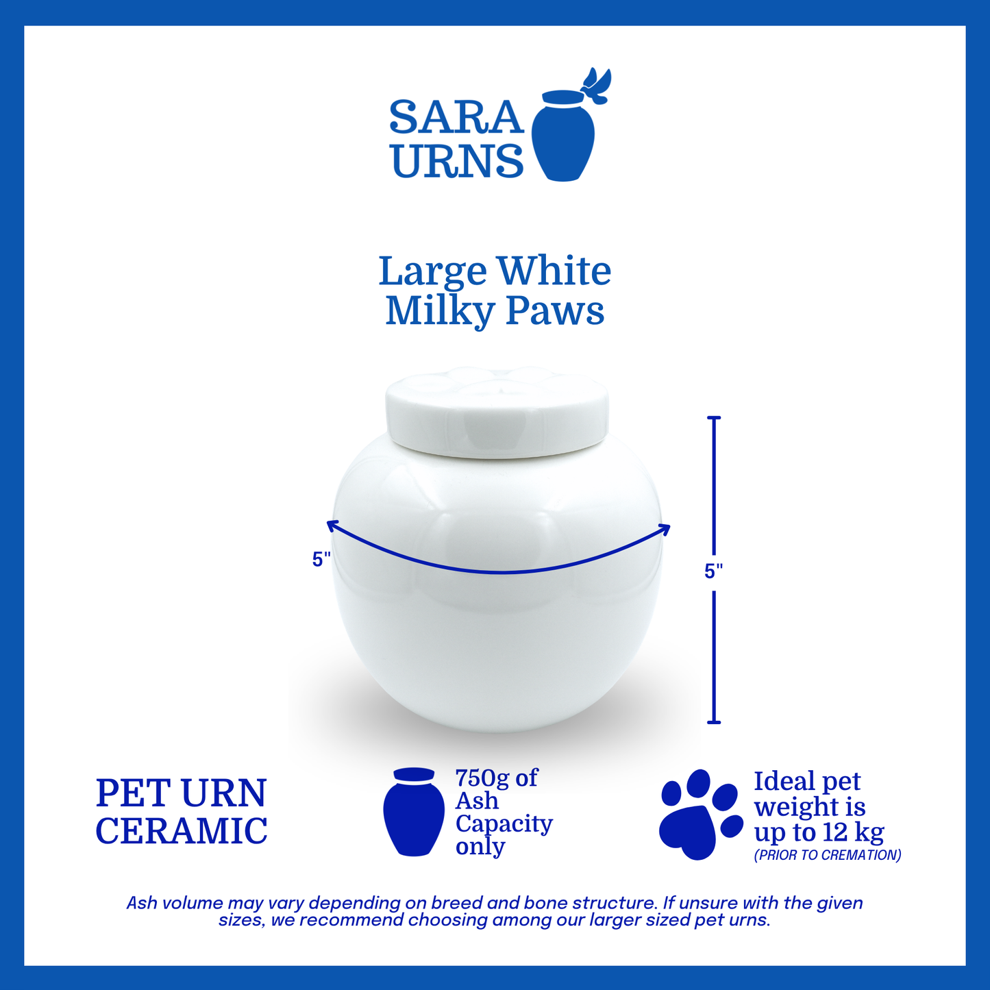 A large, white ceramic pet urn that is specified as 5 inches in width and 5  inches tall with an ash capacity of 750 grams.