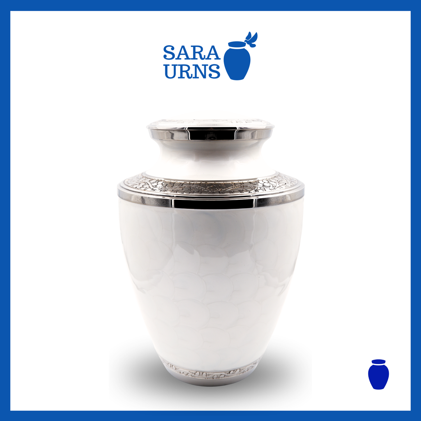 A white polished brass metal urn with an enamel finish and hand-etched details over a white background.