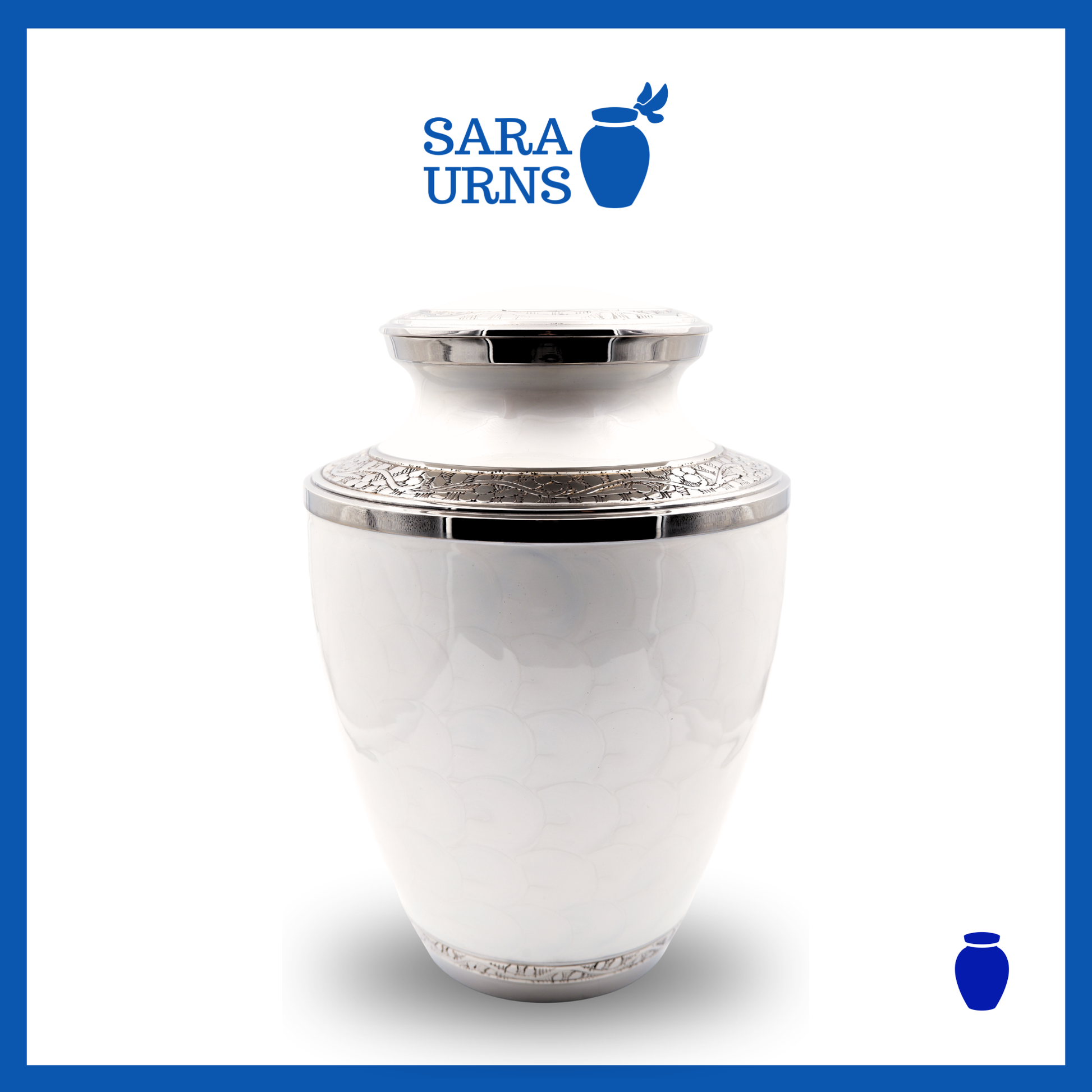 A white polished brass metal urn with an enamel finish and hand-etched details over a white background.