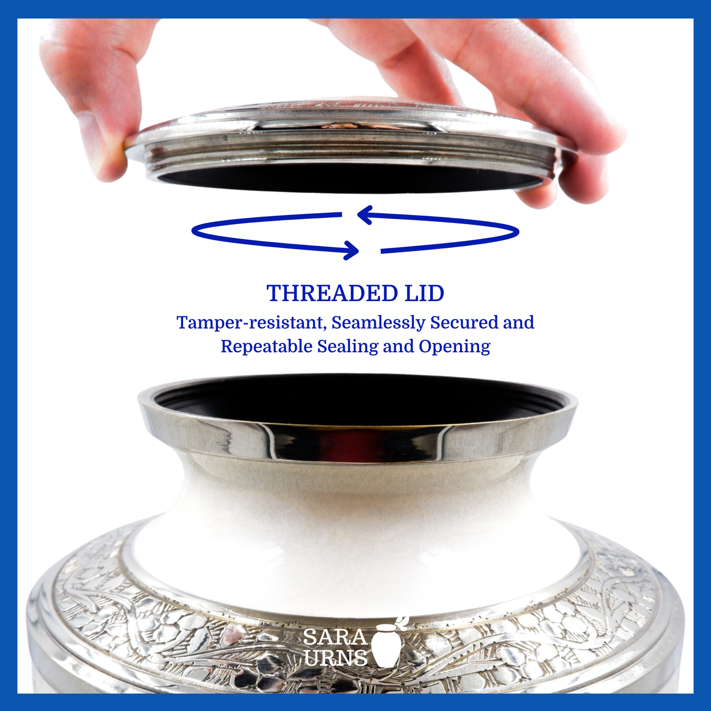 A presentation of a white polished brass metal urn’s threaded lid which highlights its safety and security.