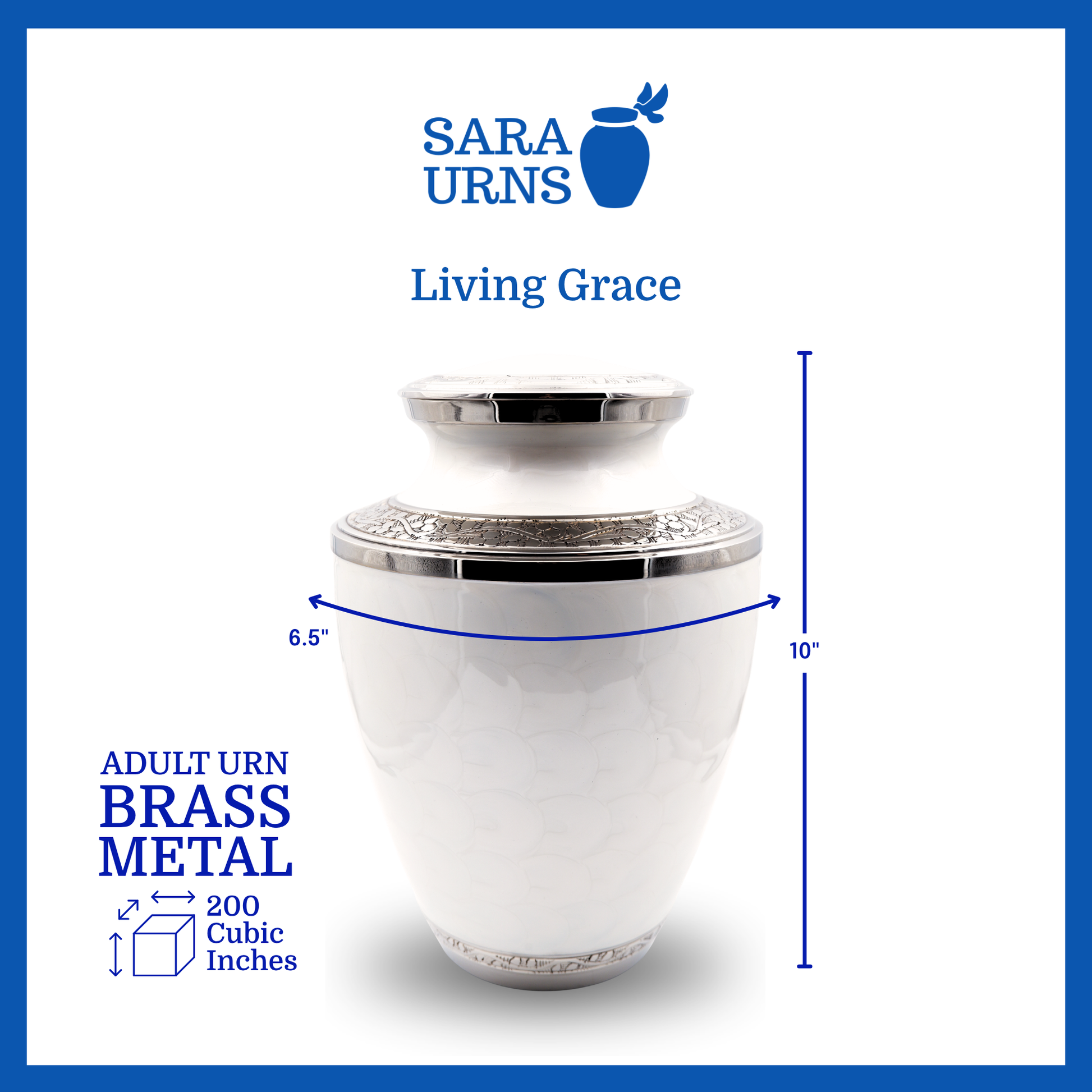 A white polished brass metal urn with an enamel finish and hand-etched details that is specified as 6.5 inches in diameter, 10 inches tall and is 200 cubic inches.