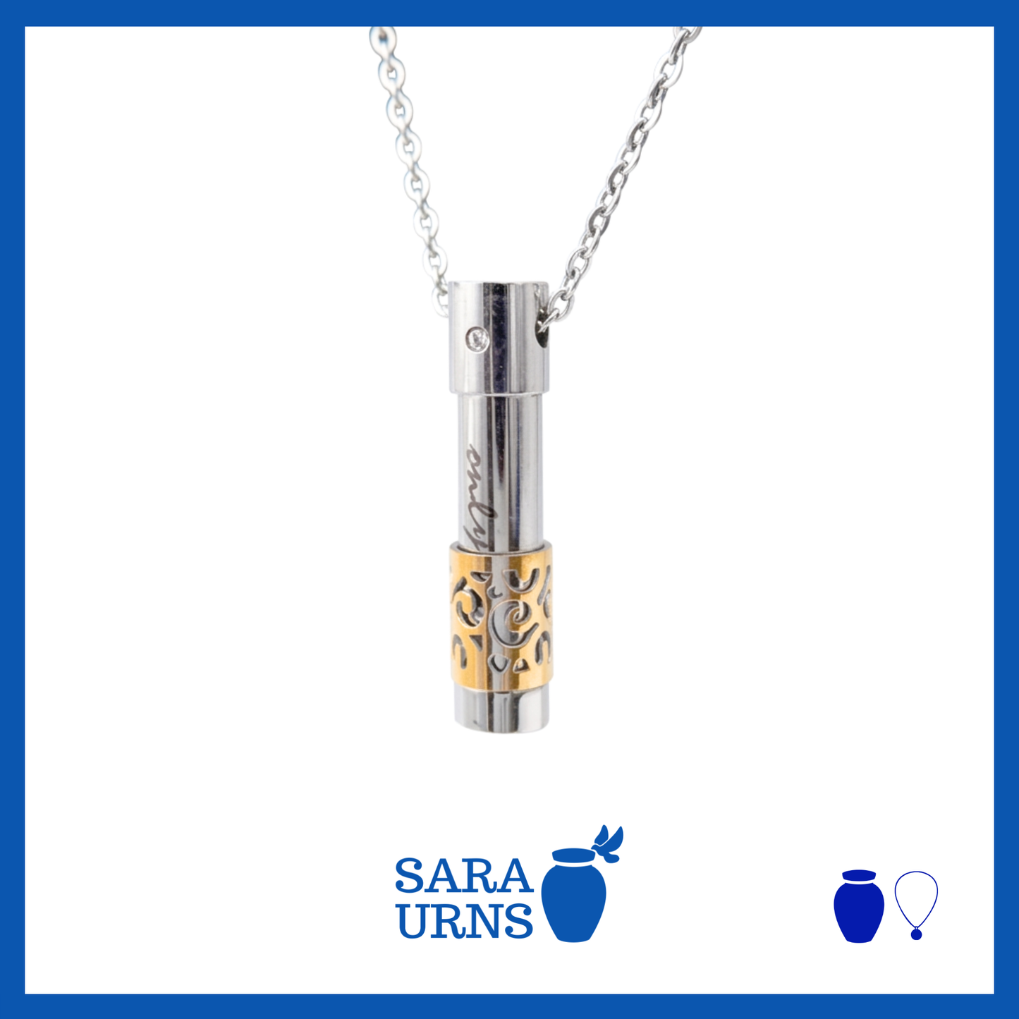 A presentation of a silver pendant with a gold abstract design ash necklace over a white background.