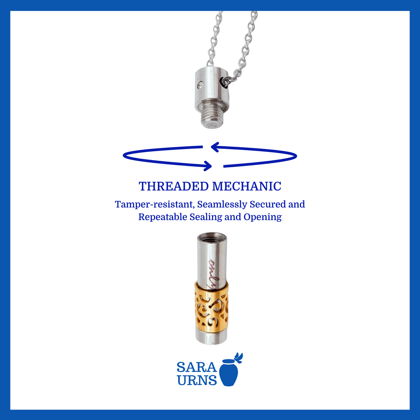 A presentation of a silver cylinder ash necklace’s threaded lid which highlights its safety and security.