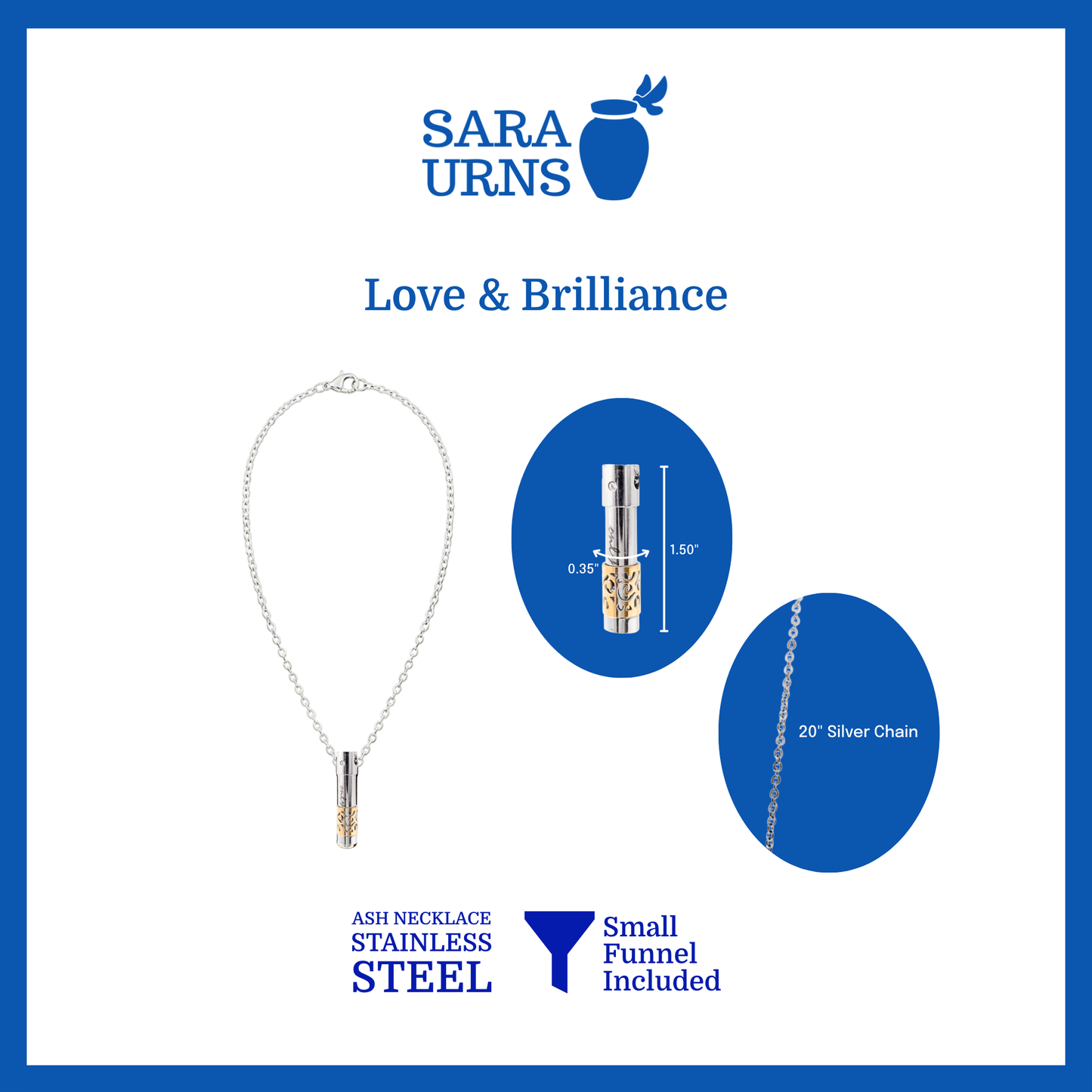 A presentation of a silver ash necklace’s pendant that is specified as 0.35 inches in width and 1.50 inches in height with a 20-inch chain.