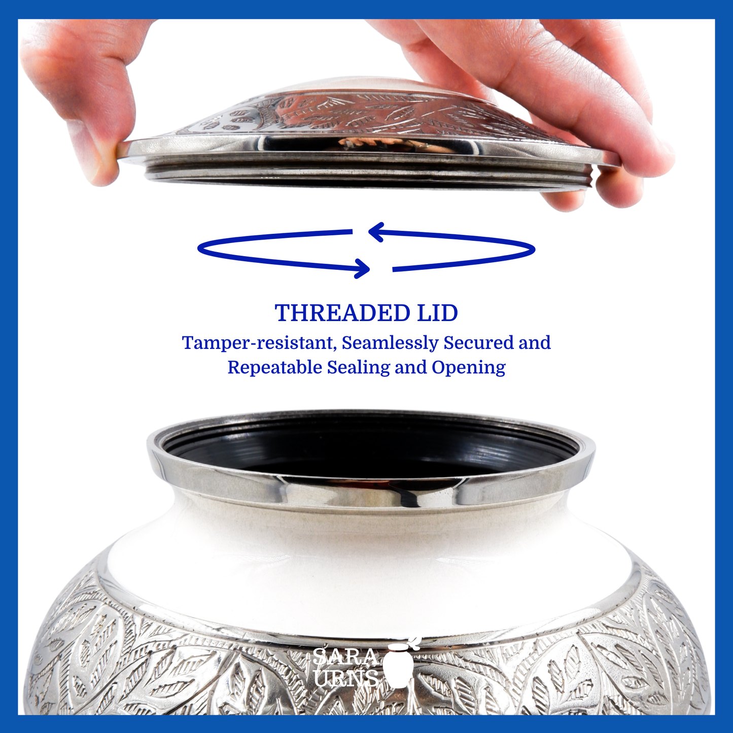 A presentation of a white polished brass metal urn’s threaded lid which highlights its safety and security.