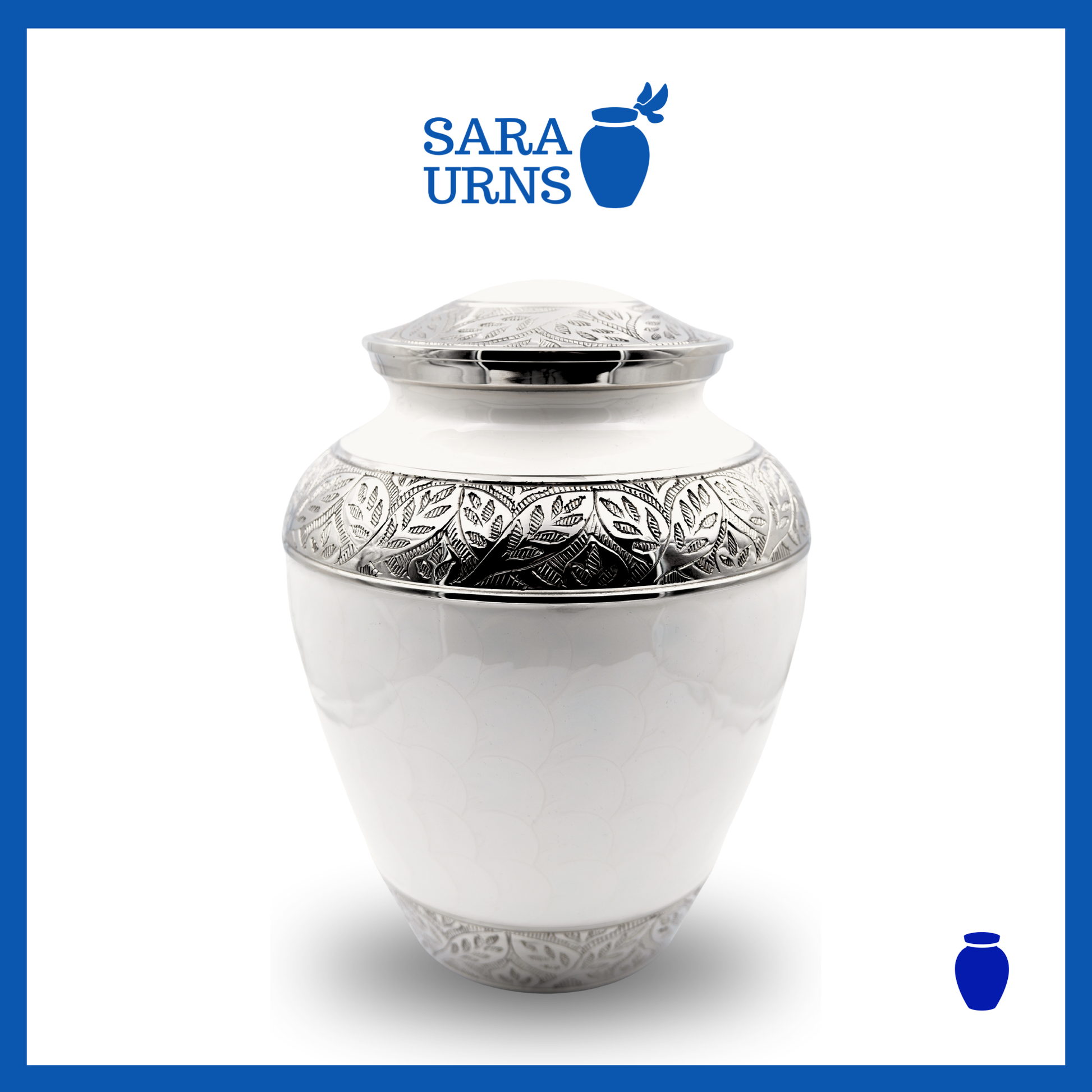 A white polished brass metal urn with an enamel finish and hand-etched details over a white background.