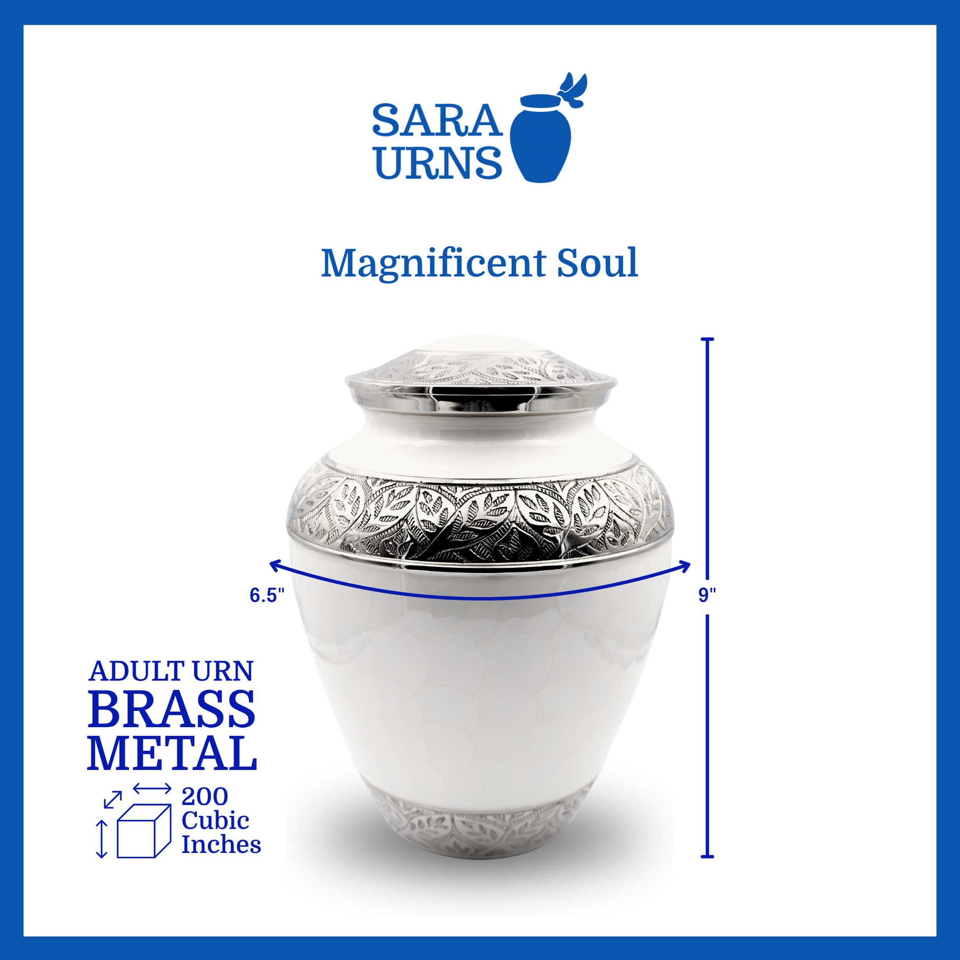 A white polished brass metal urn with an enamel finish and hand-etched details that is specified as 6.5 inches in diameter, 9 inches tall and is 200 cubic inches.
