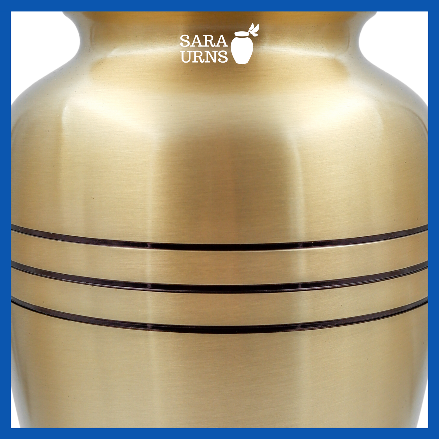 A close-up of a gold polished brass metal urn which highlights its three, thin black stripes.