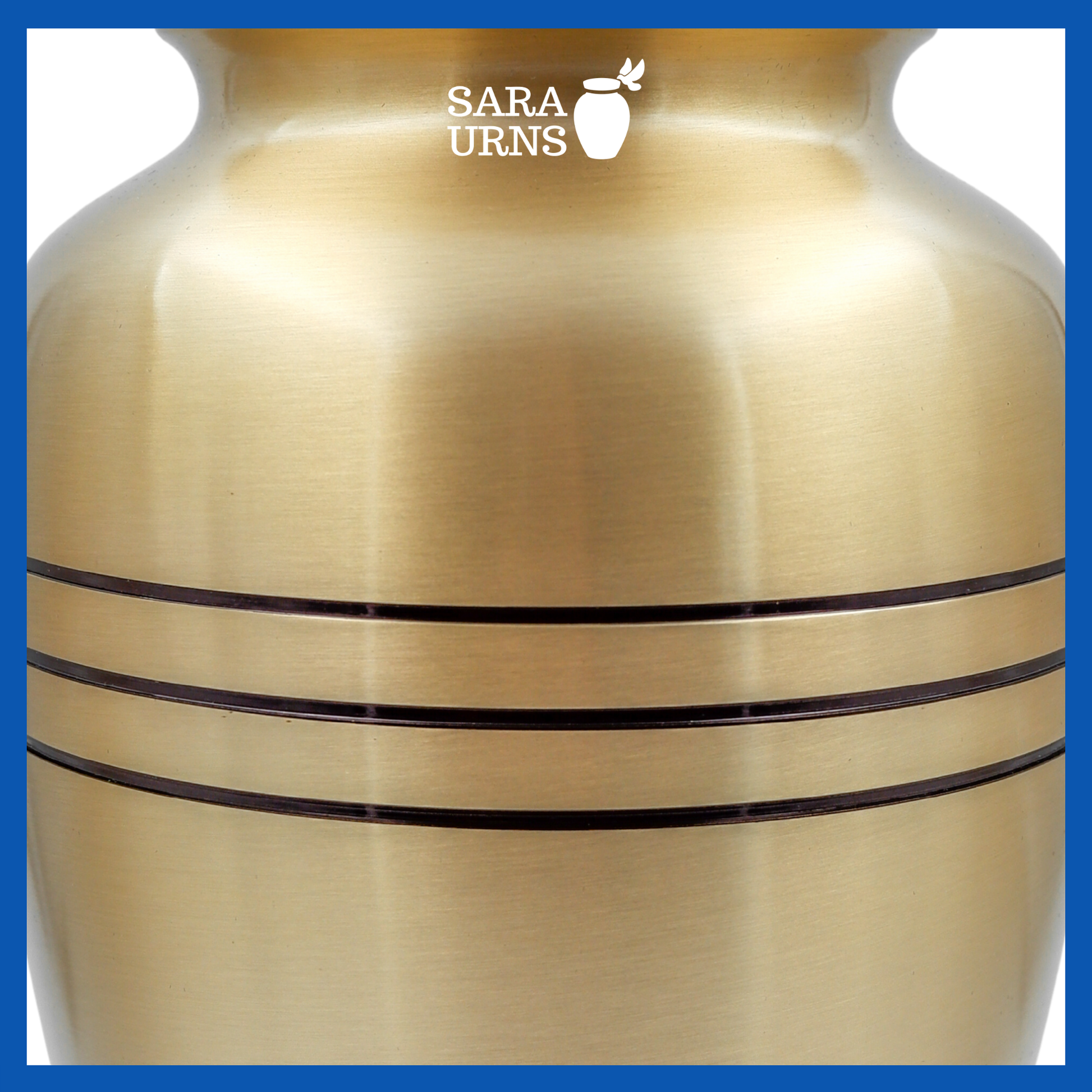 A close-up of a gold polished brass metal urn which highlights its three, thin black stripes.