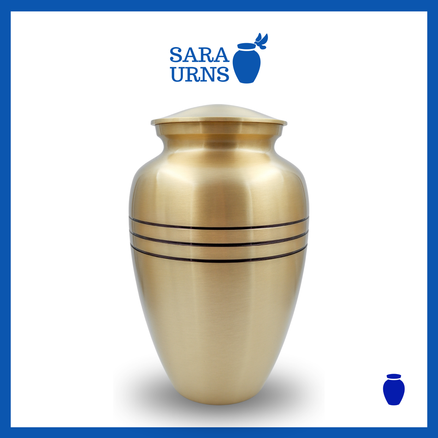 A gold polished brass metal urn with three, thin black stripes over a white background.