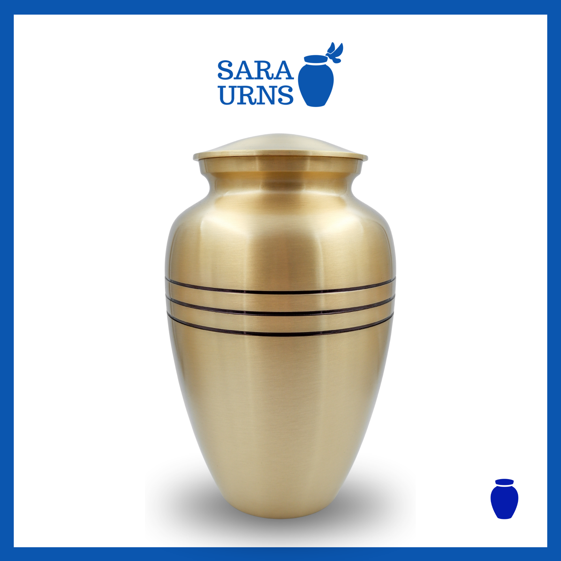 A gold polished brass metal urn with three, thin black stripes over a white background.