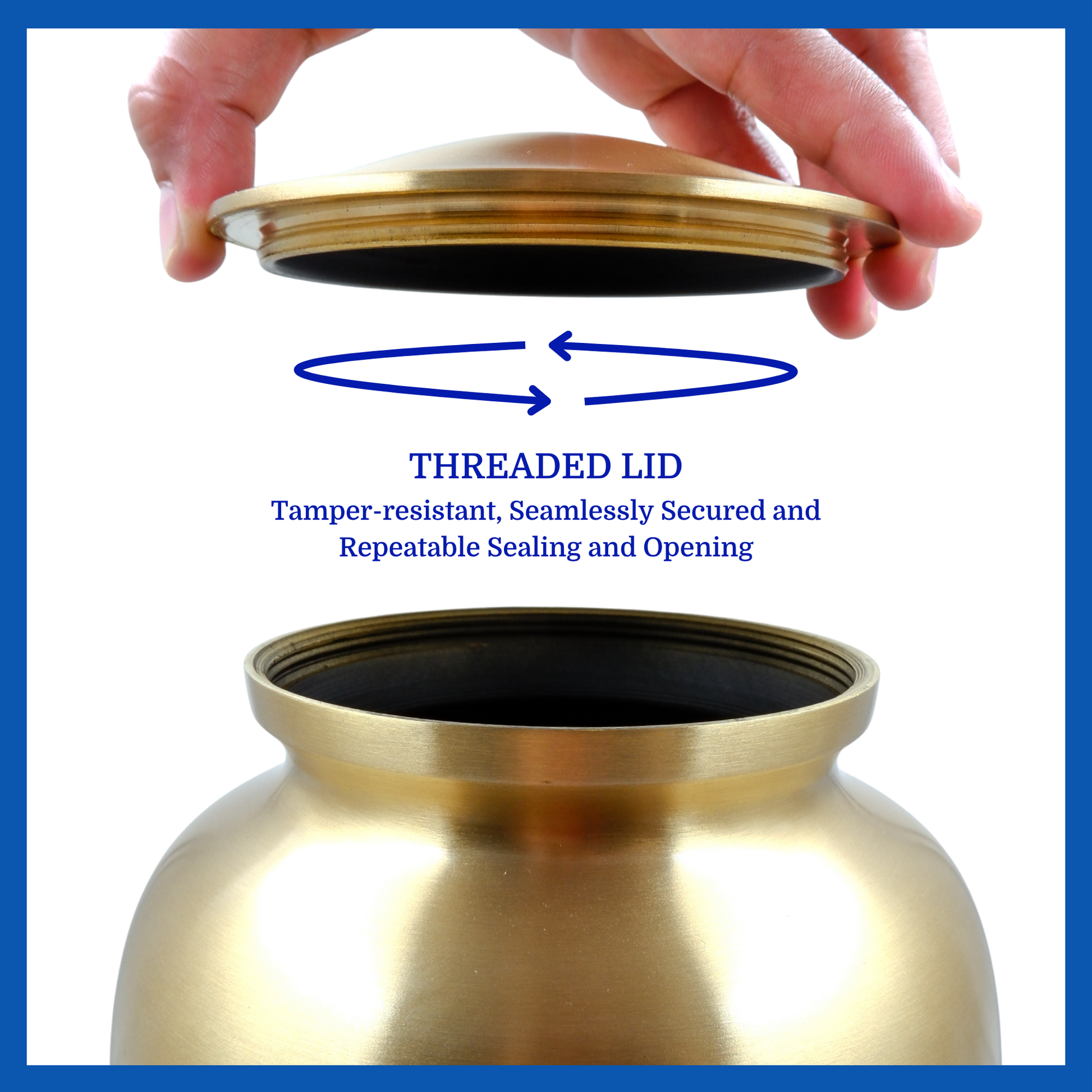 A presentation of a gold polished brass metal urn’s threaded lid which highlights its safety and security.