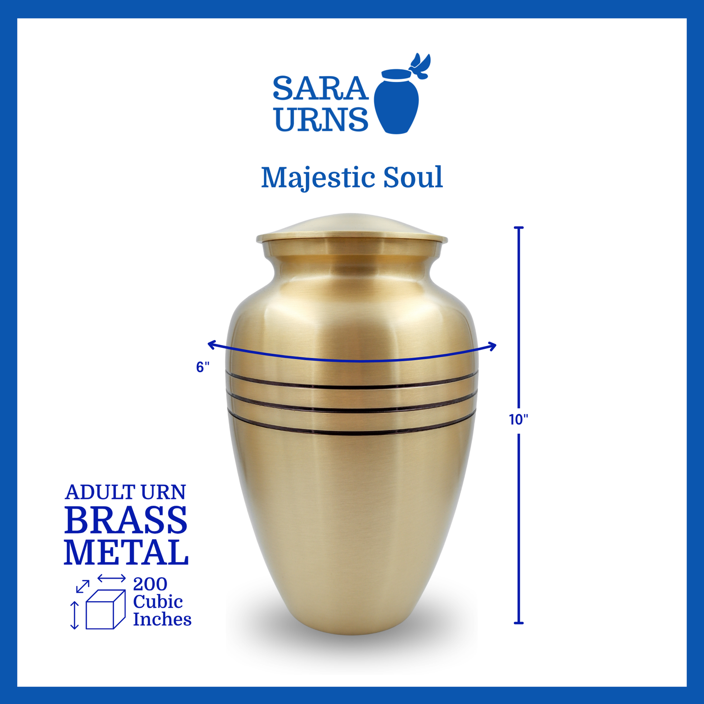 A gold polished brass metal urn with three, thin black stripes that is specified as 6 inches in diameter, 10 inches tall and is 200 cubic inches.