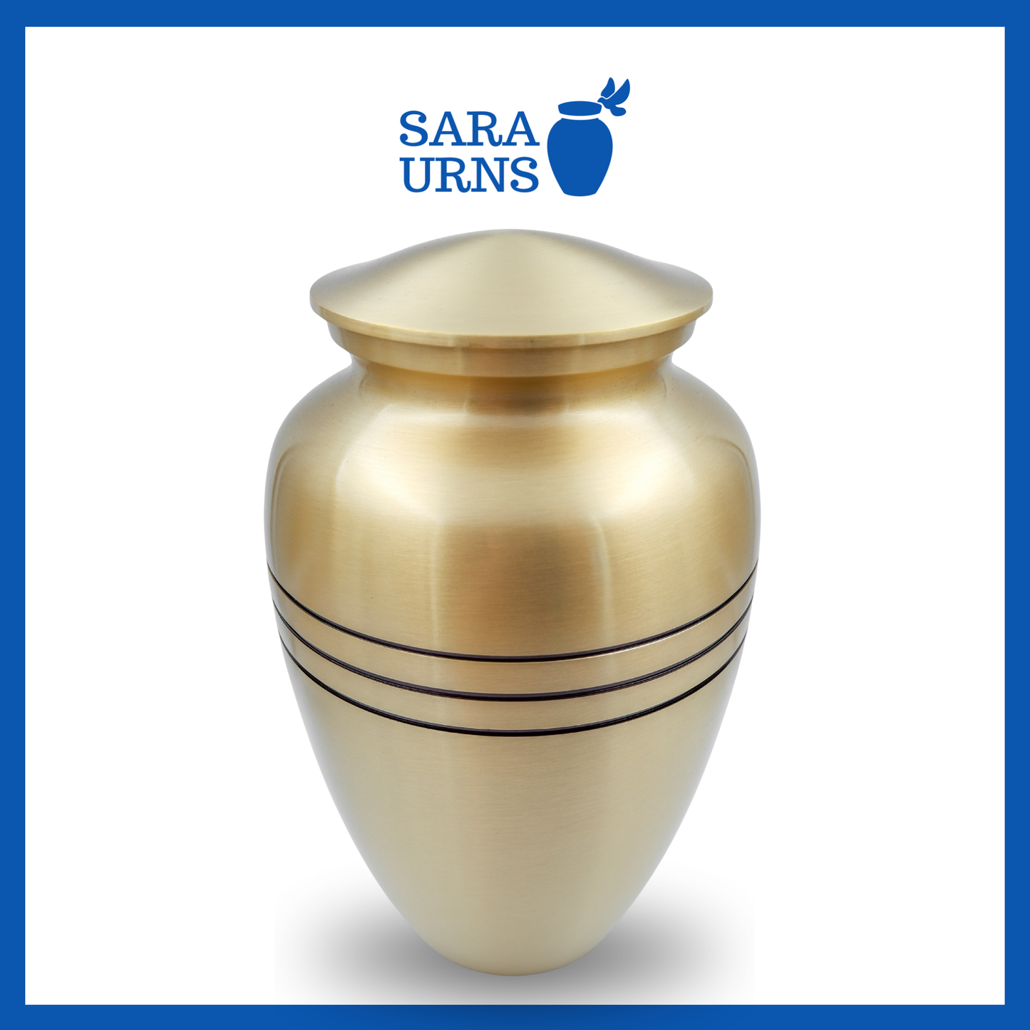 A higher angle of a gold polished brass metal urn with three, thin black stripes over a white background.
