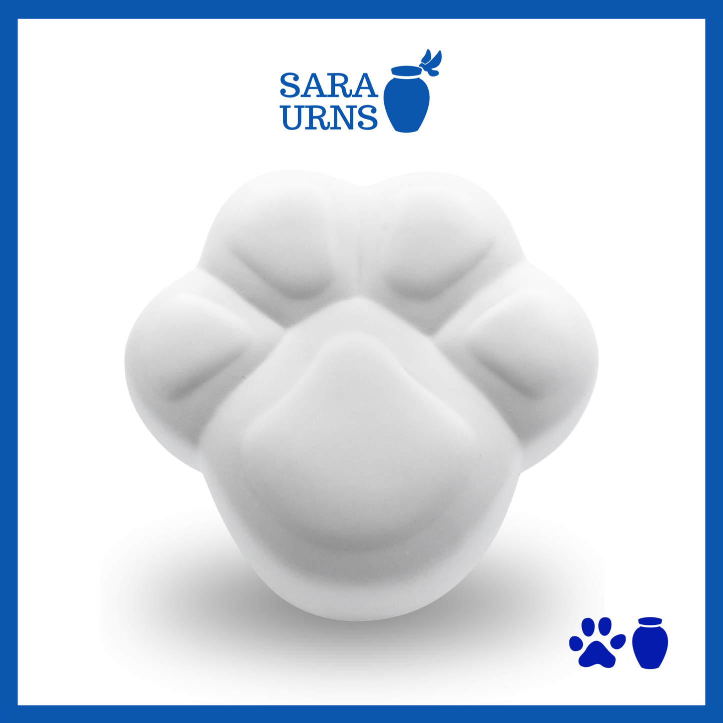 A paw-shaped, white ceramic pet urn with a matte finish over a white background.