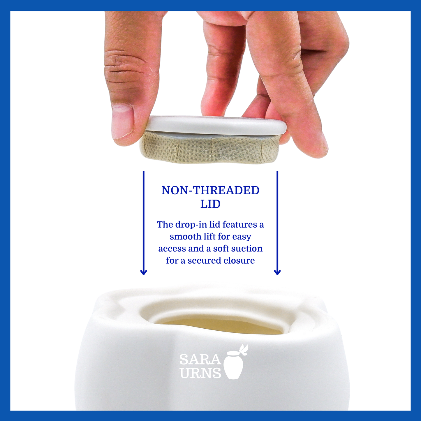 A presentation of a paw-shaped, white ceramic pet urn’s non-threaded lid which highlights its accessibility.