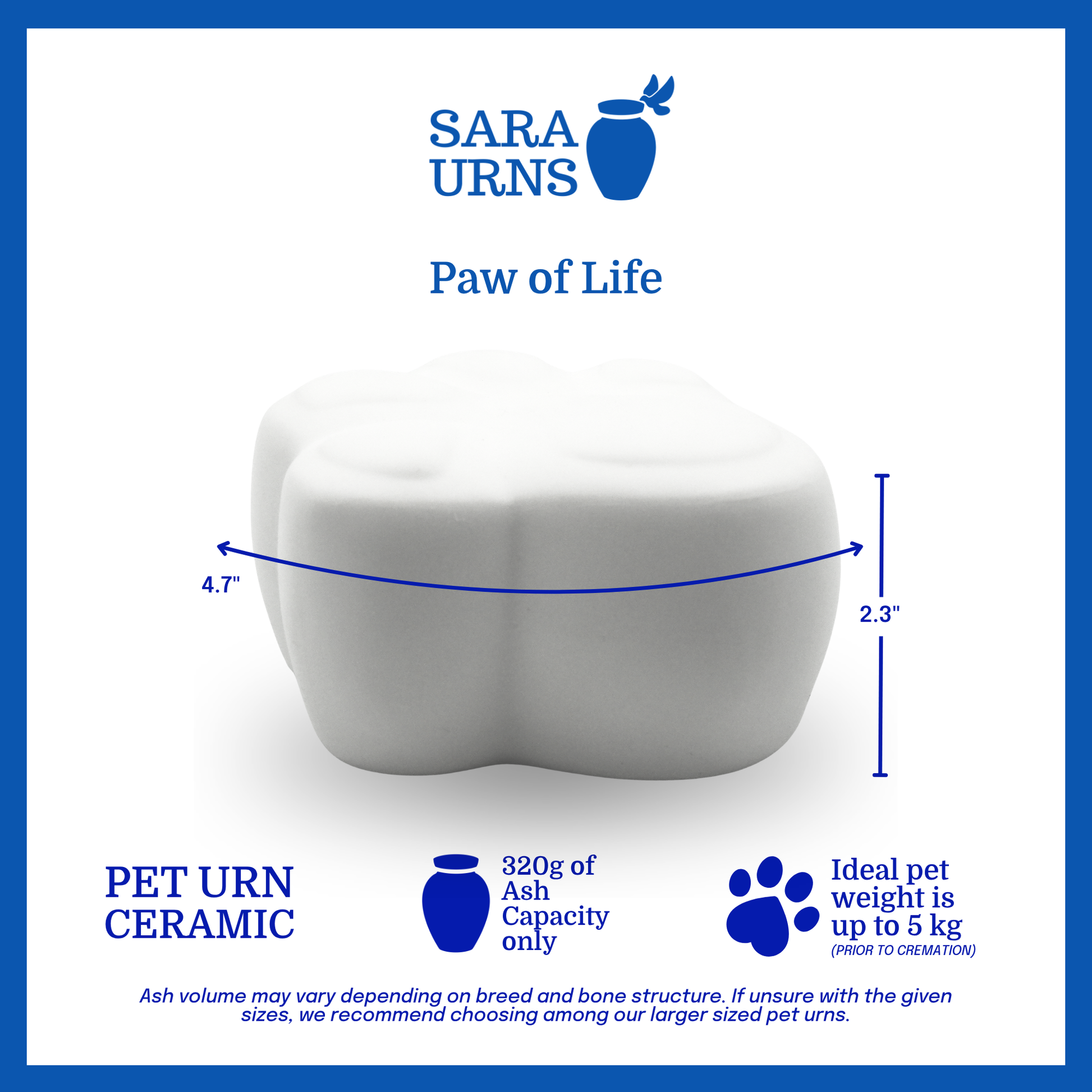 A paw-shaped, white ceramic pet urn that is specified as 4.7 inches in width and 2.3 inches tall with an ash capacity of 320 grams.