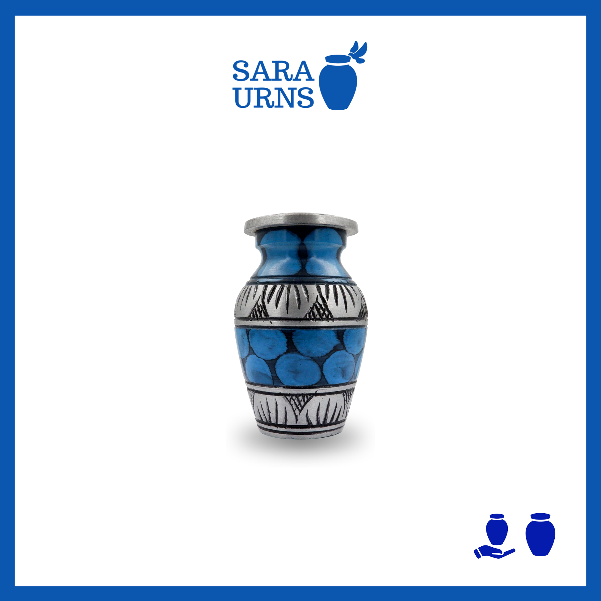 A blue aluminum metal keepsake urn with silver hand-etched designs and a painted pattern across the body and lid over a white background.