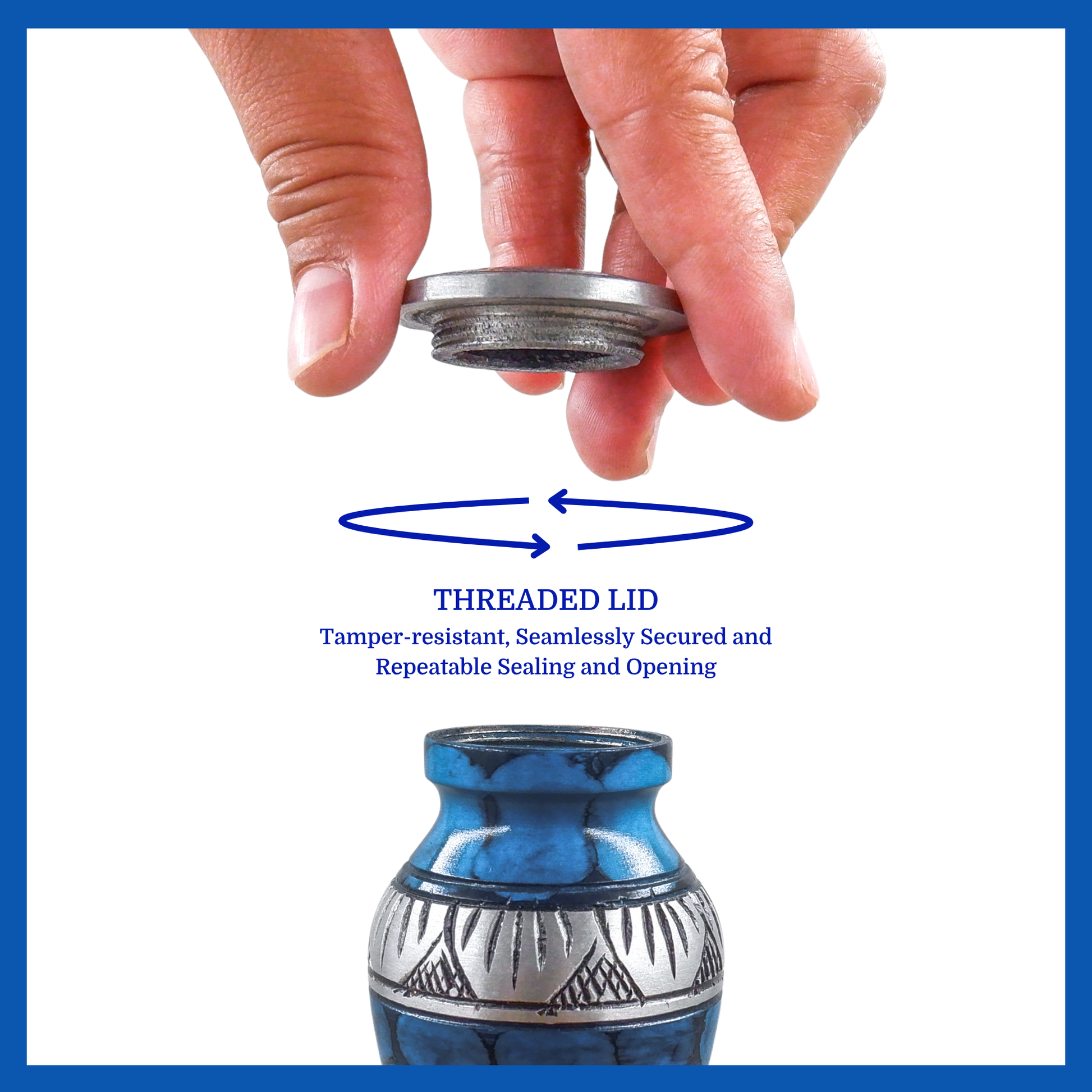 A presentation of a blue aluminum metal keepsake urn’s threaded lid which highlights its safety and security.