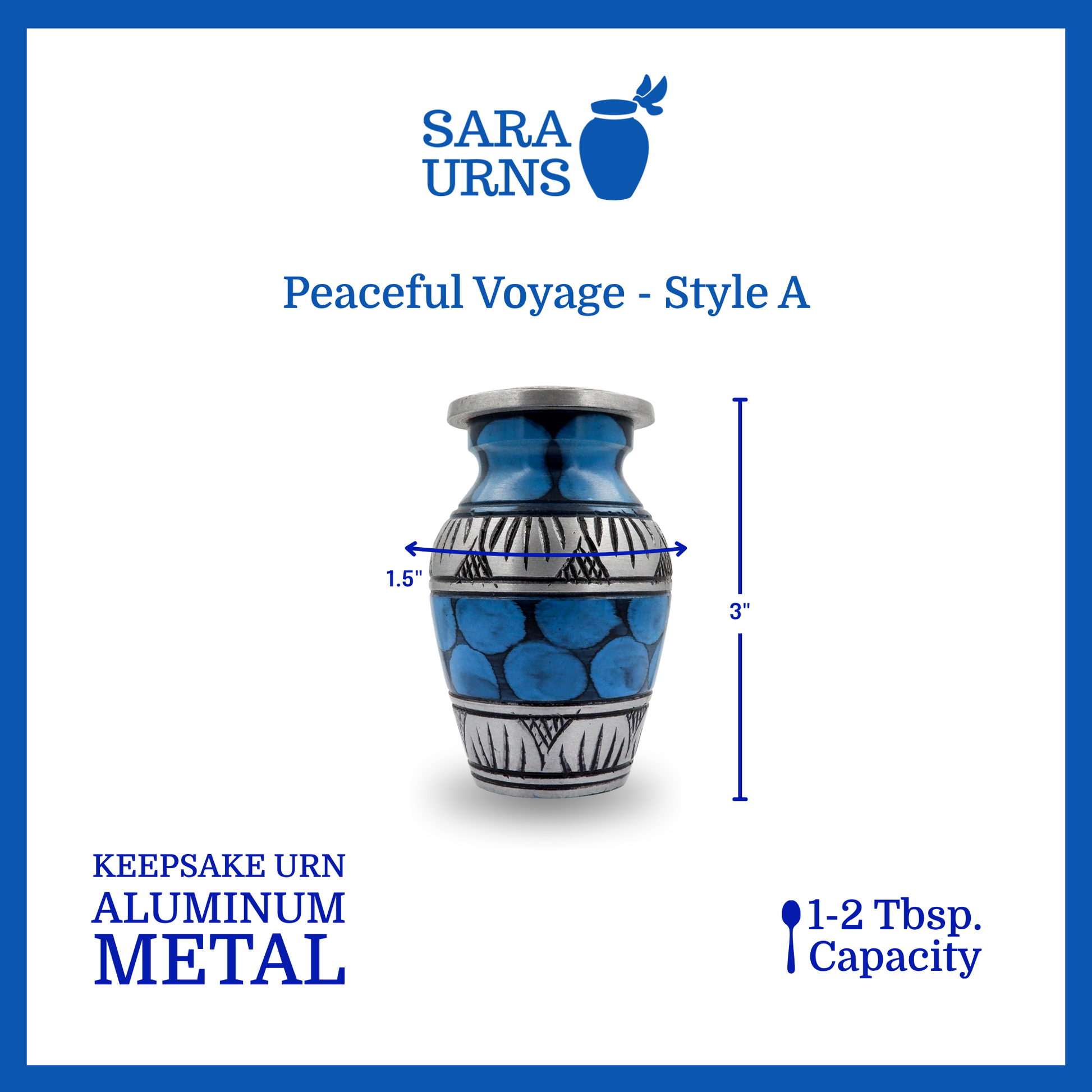 A blue aluminum metal keepsake urn with silver hand-etched designs and a painted pattern across the body and lid that is specified as 1.5 inches in diameter, 3 inches tall and can fit approximately 1 to 2 tablespoons of ashes.