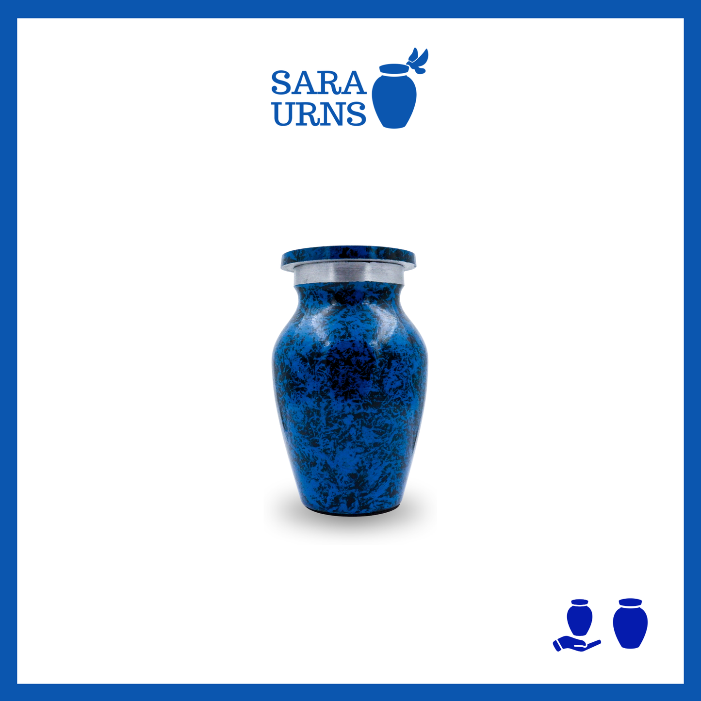 An all-blue aluminum metal keepsake urn with a black speckled pattern across the body and lid over a white background.
