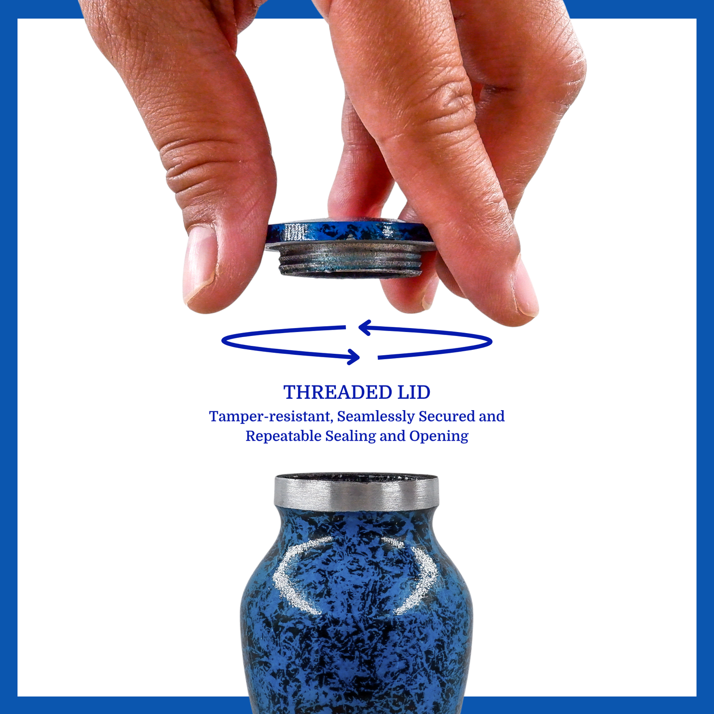 A presentation of a speckled blue aluminum metal keepsake urn’s threaded lid which highlights its safety and security.