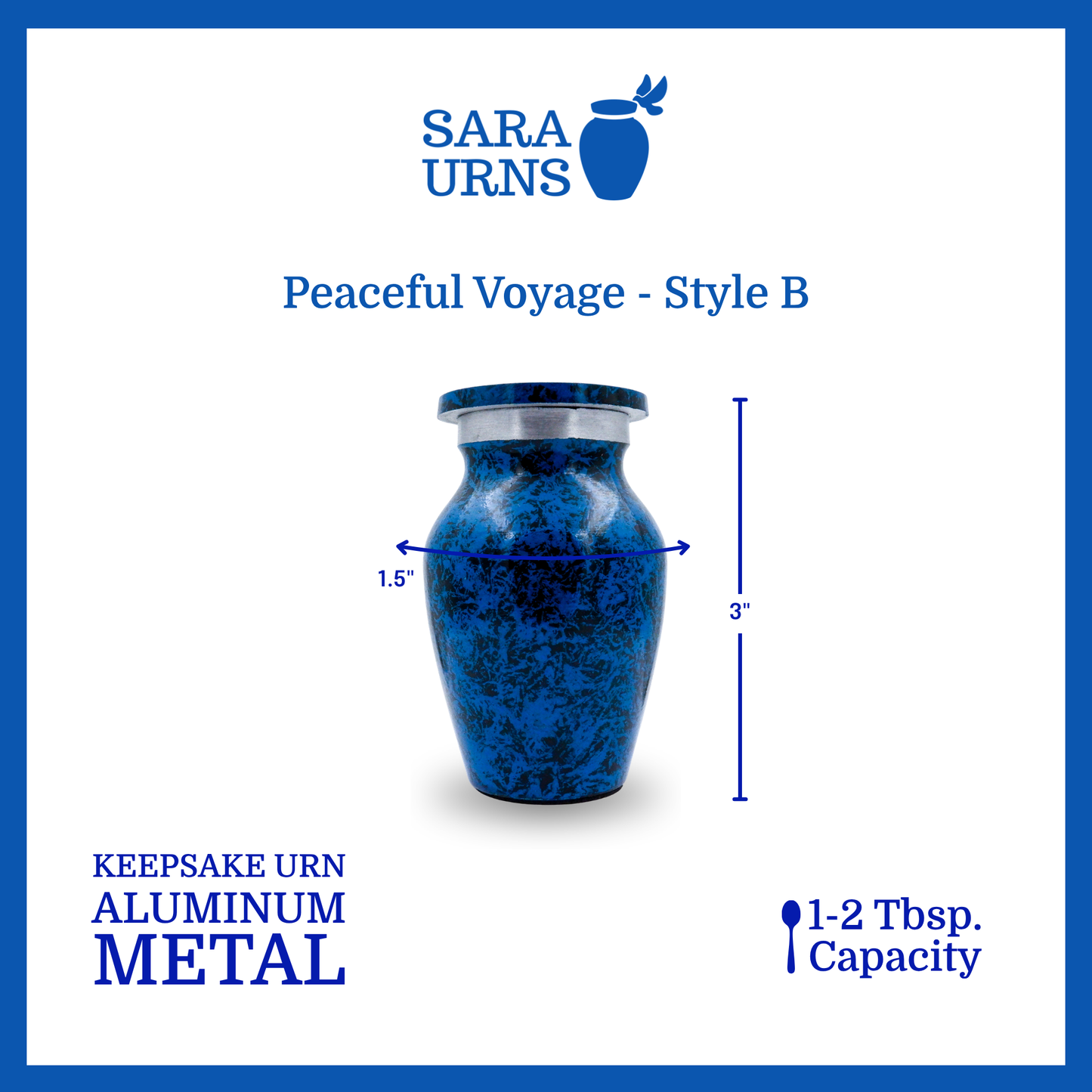 An all-blue aluminum metal keepsake urn with a black speckled pattern across the body and lid that is specified as 1.5 inches in diameter, 3 inches tall and can fit approximately 1 to 2 tablespoons of ashes.